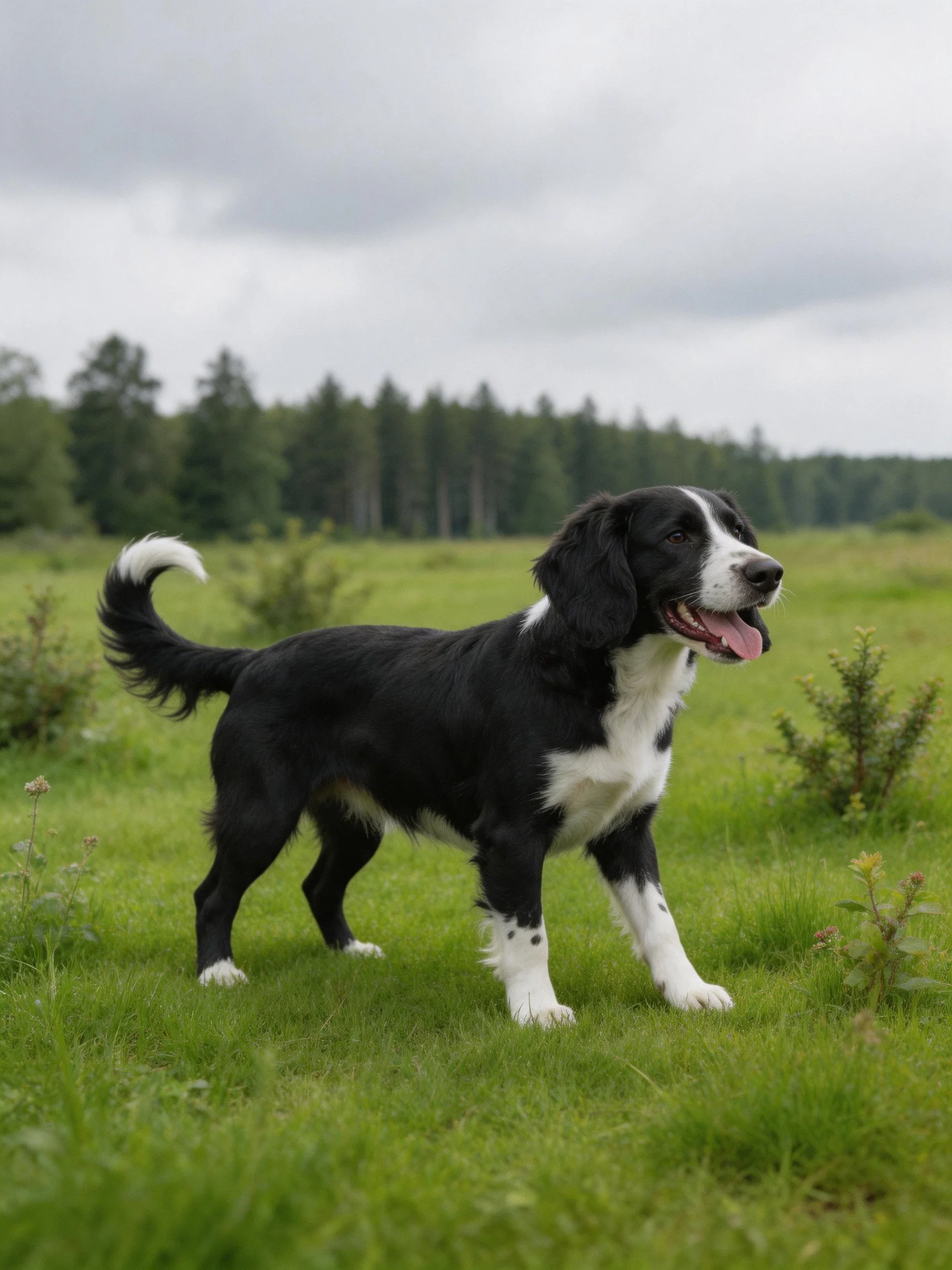 A black and white dog in a grassy field near trees