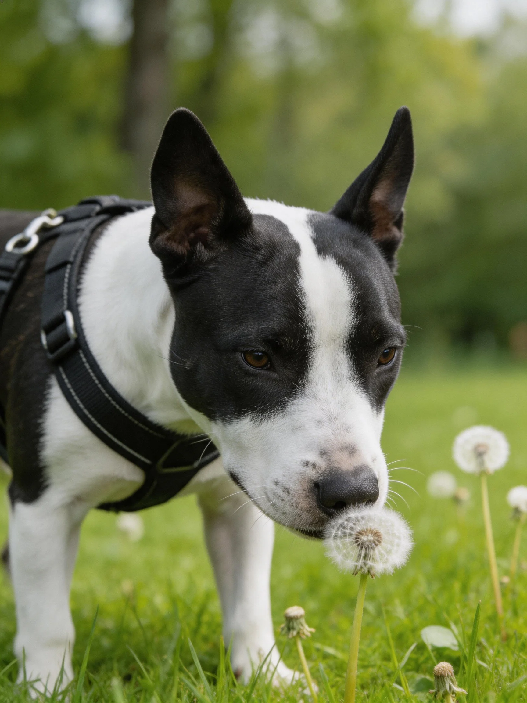 A black and white dog in a harness sniffs a dandelion among green grass