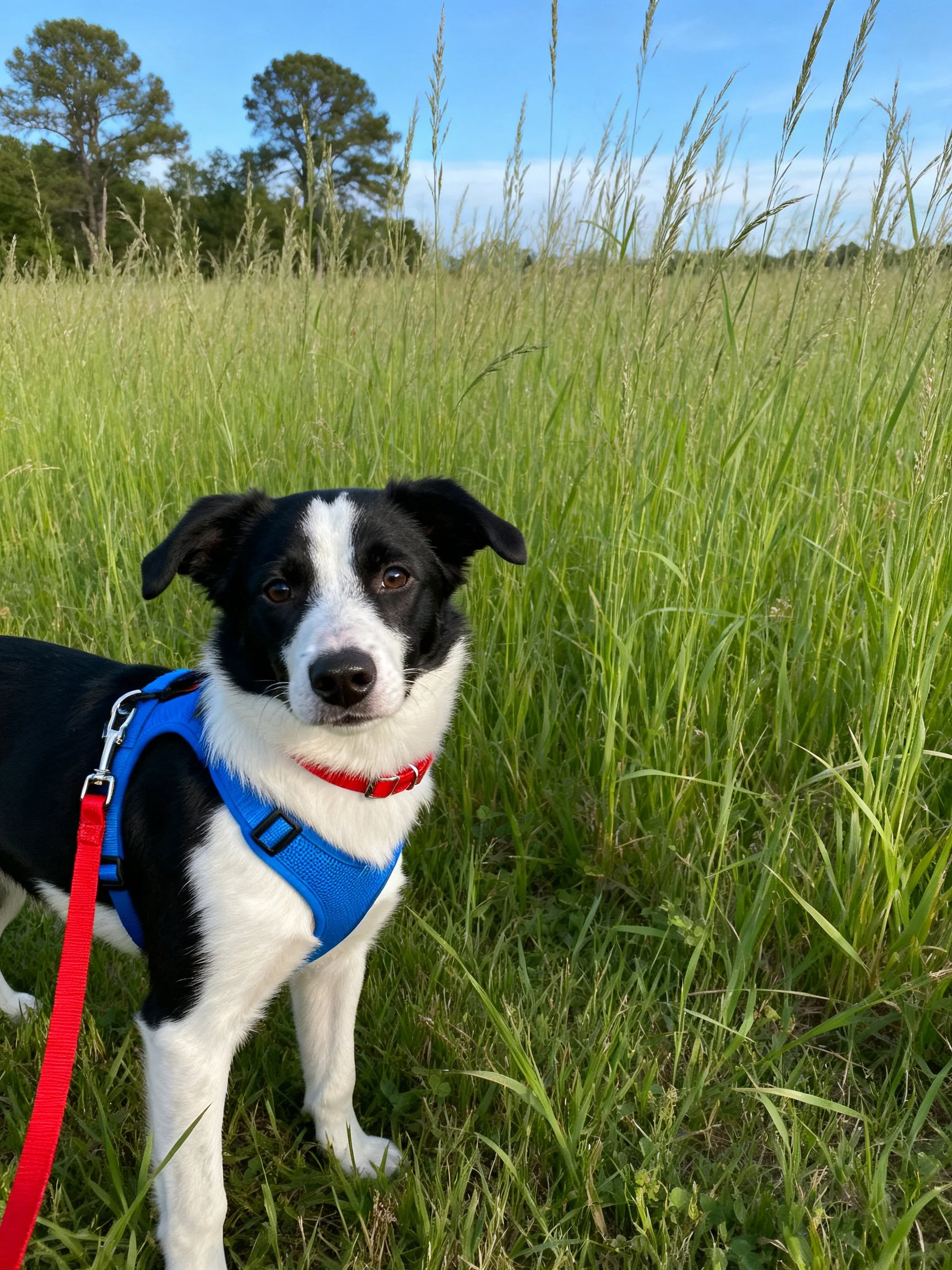 A black and white dog stands in a lush green meadow wearing a blue harness.