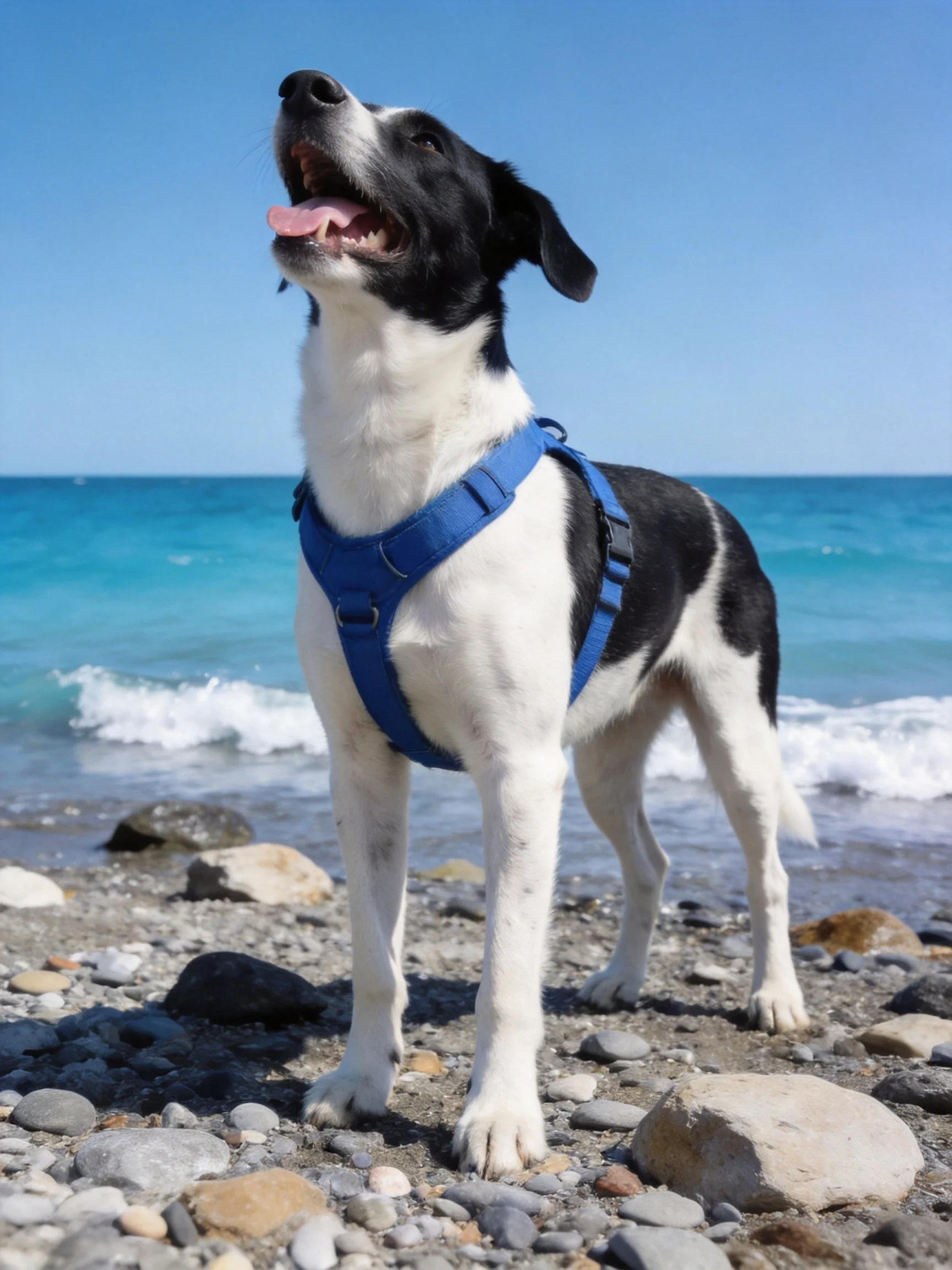 A black - and - white dog in blue harness on rocky shoreline