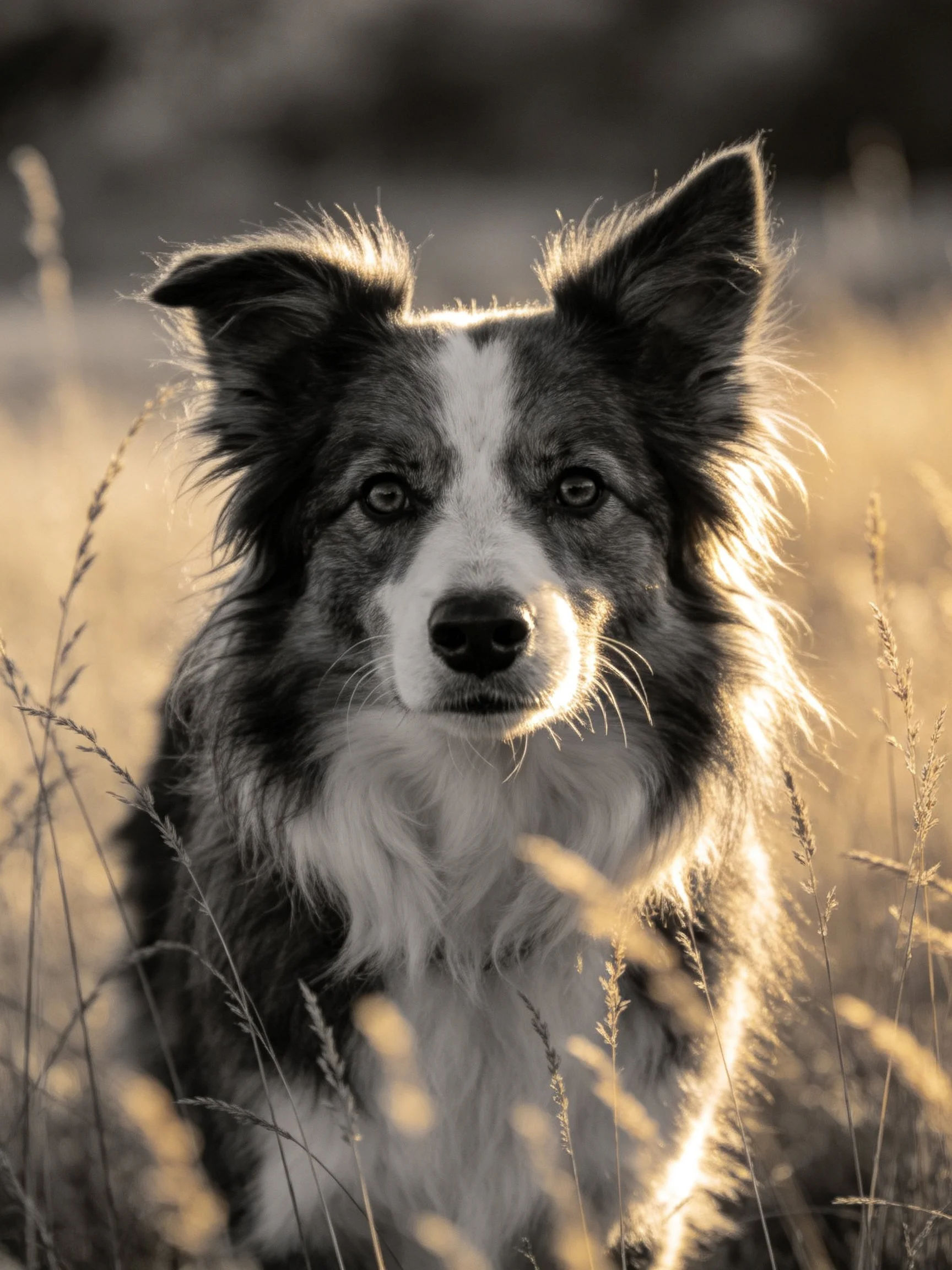 A black and white dog stands in a sunlit grassy landscape.