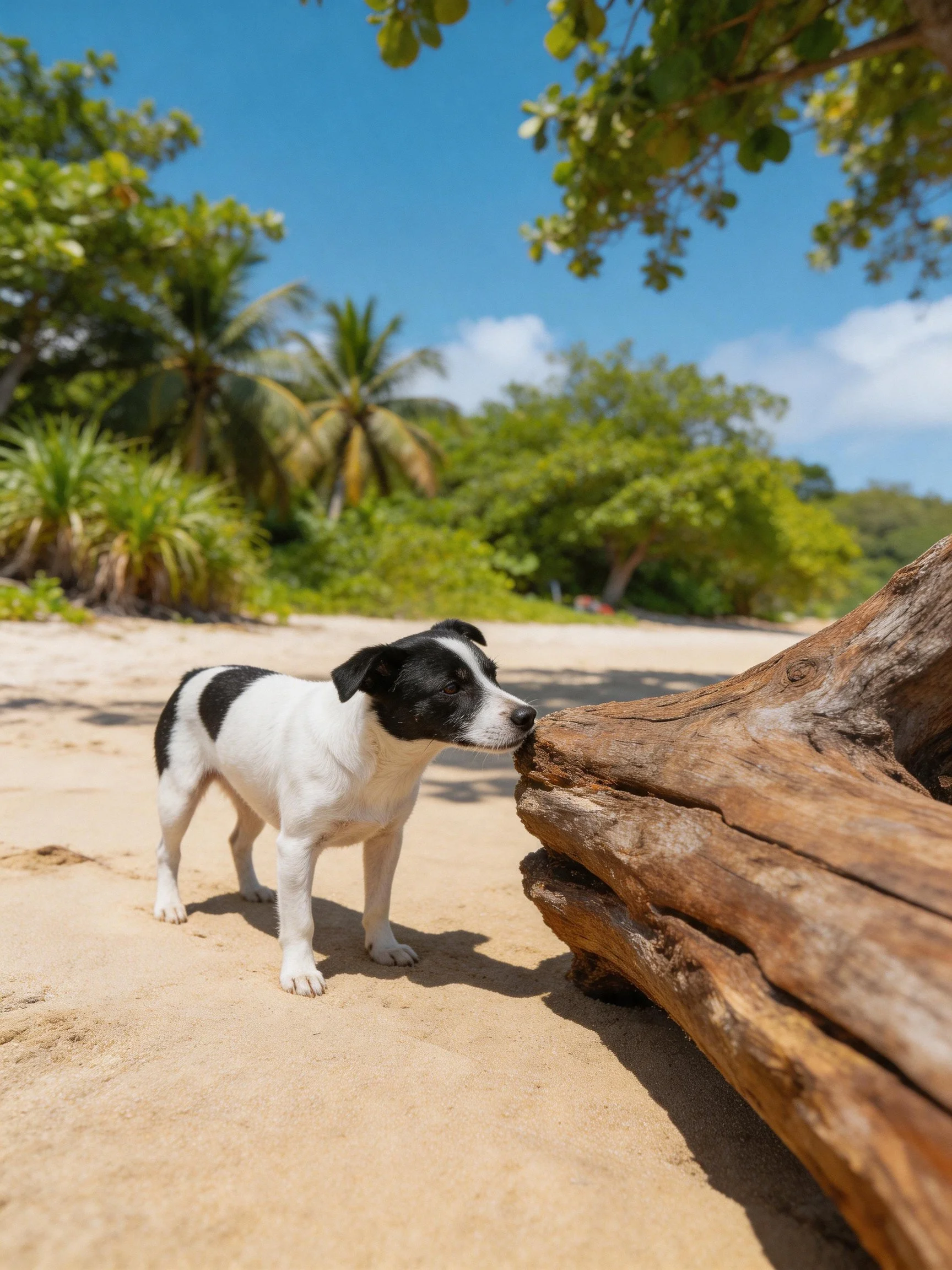 A small black - and - white dog sniffs driftwood on a sunny tropical beach.