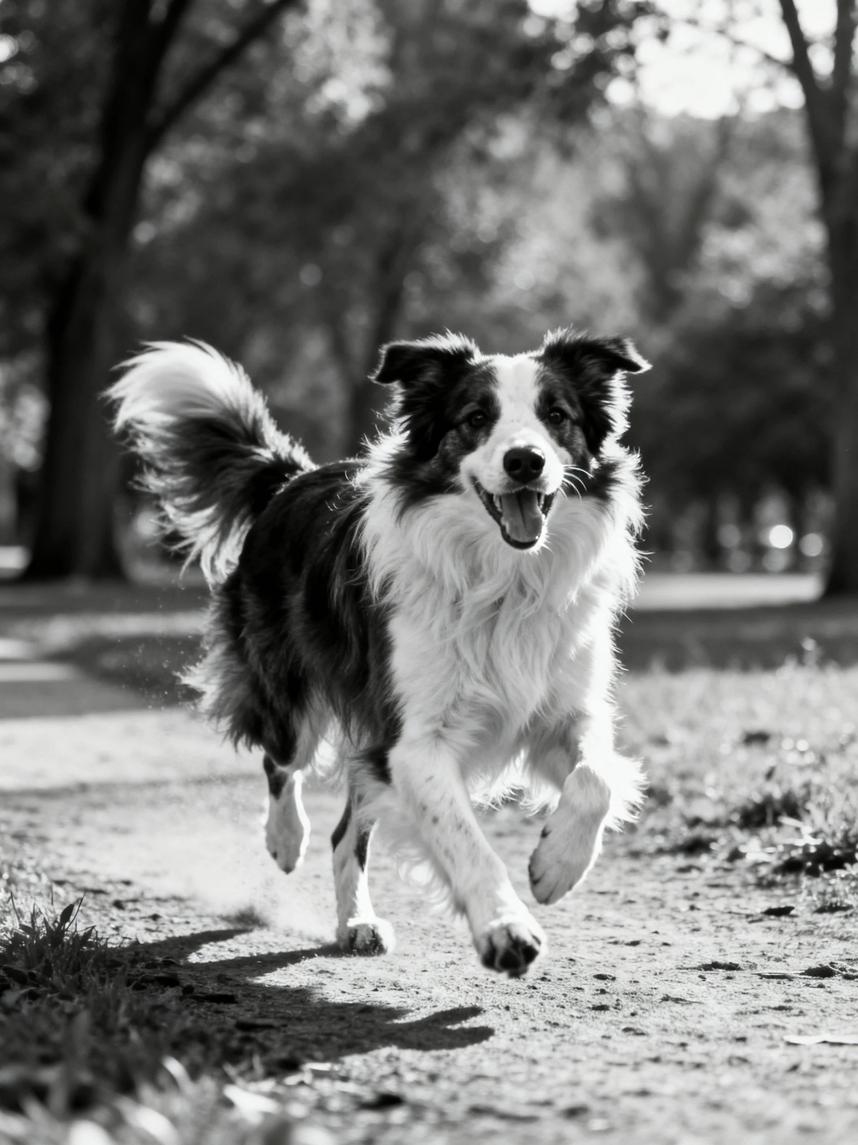 A black and white dog joyfully running along a dirt path