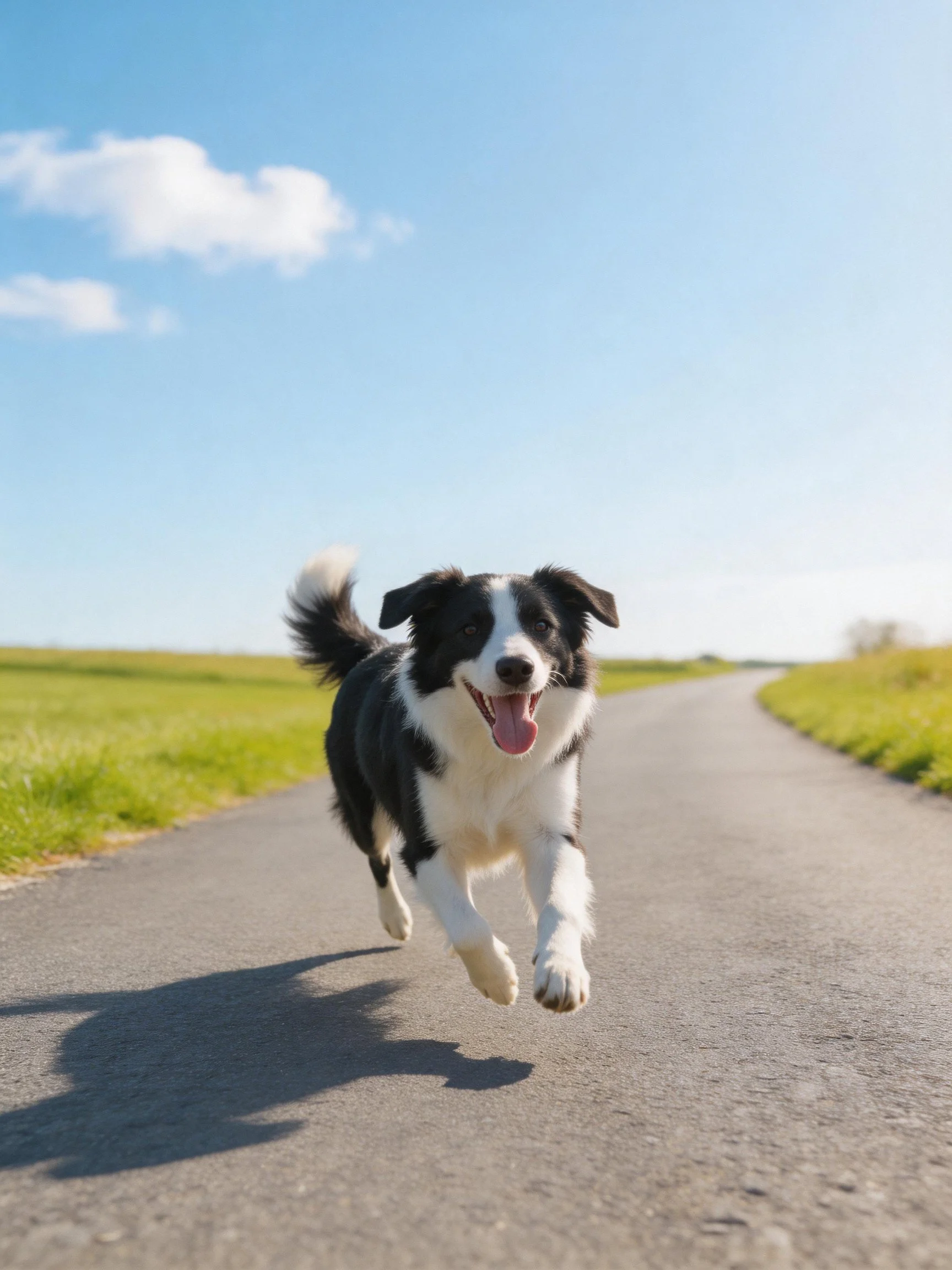 A black and white dog runs happily along a sunny rural road.