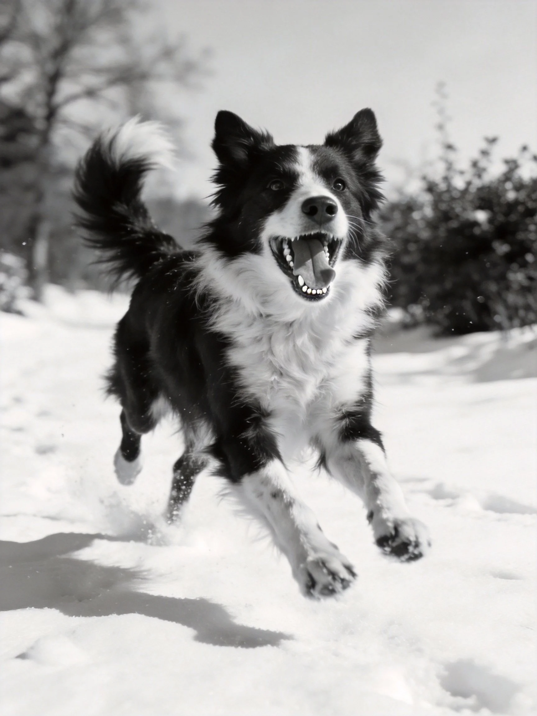 A black and white dog runs energetically through snow - covered terrain.