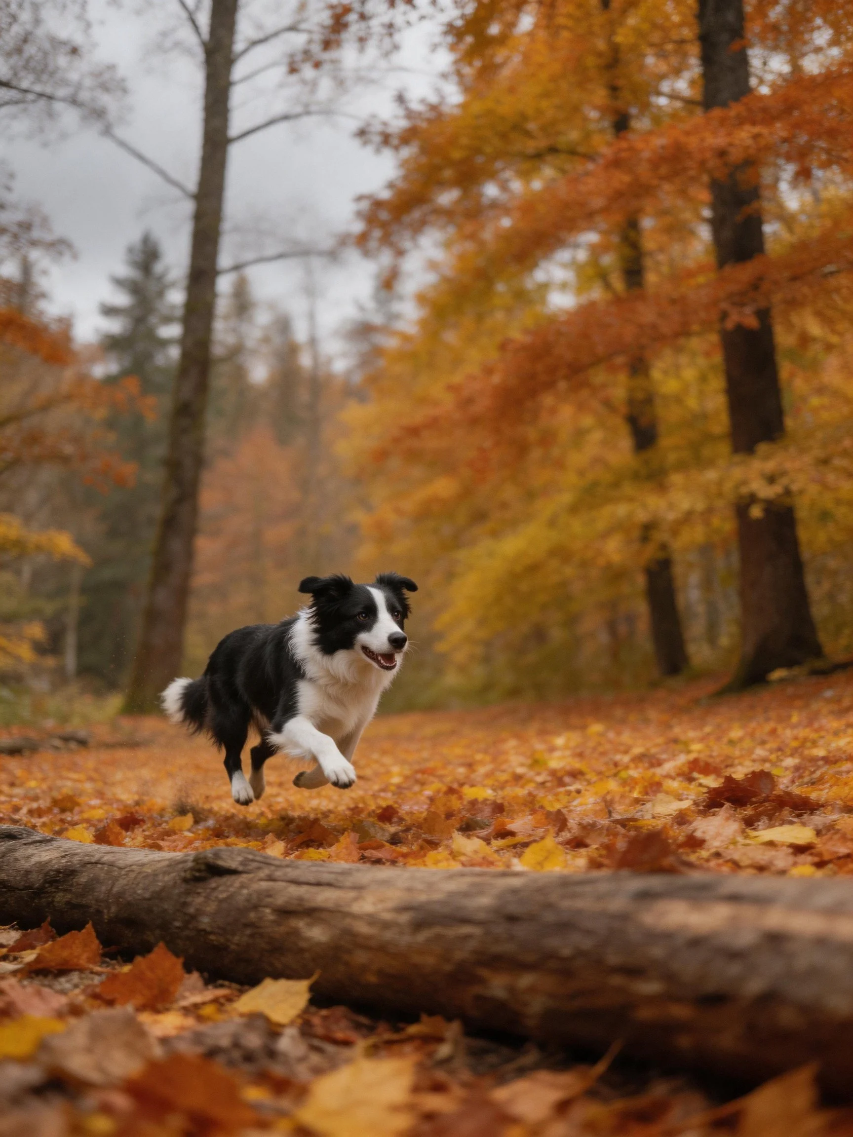 A black and white dog jumps over a log in an autumn forest.