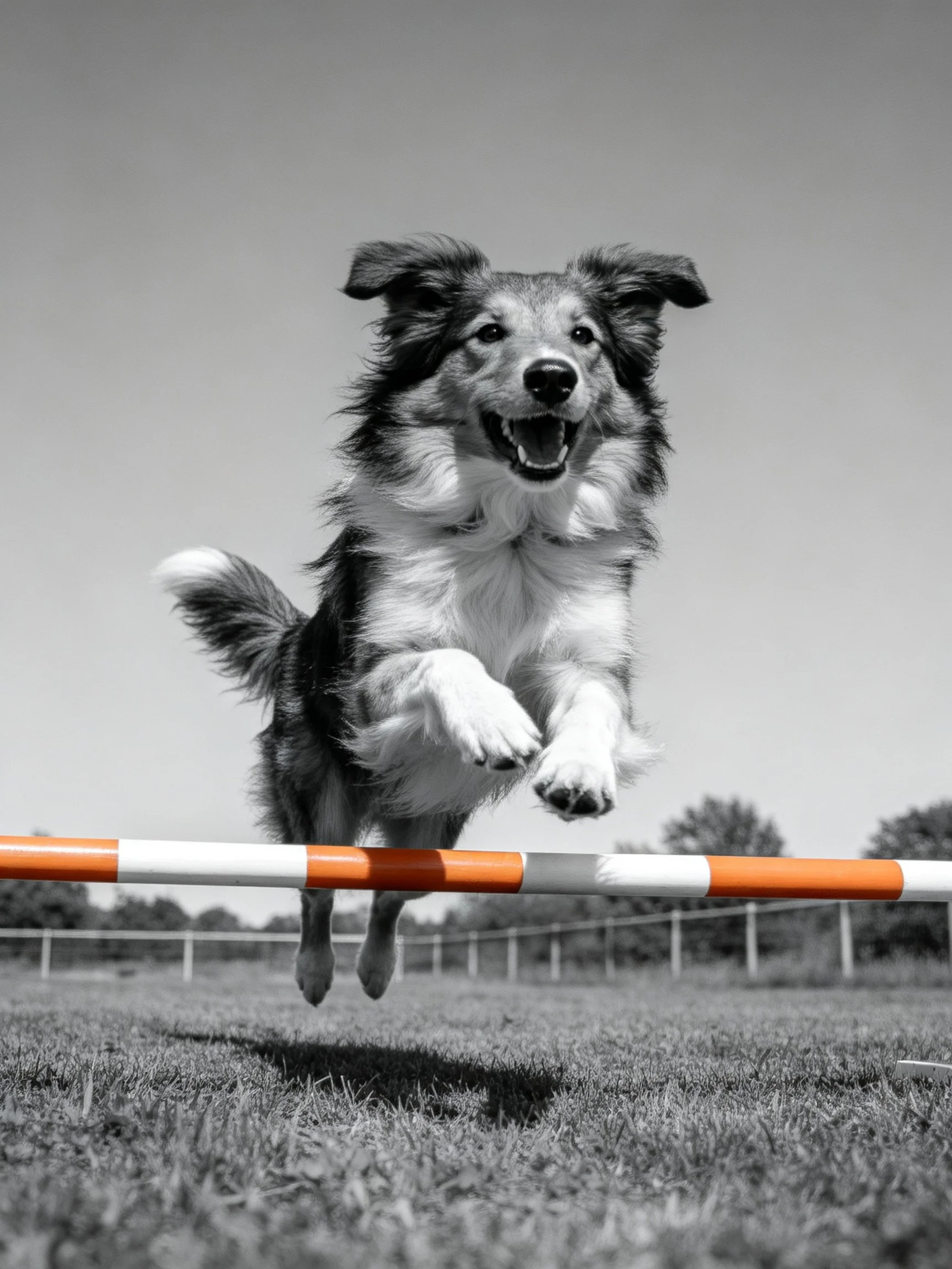 A dog leaps over a striped obstacle in agility training.