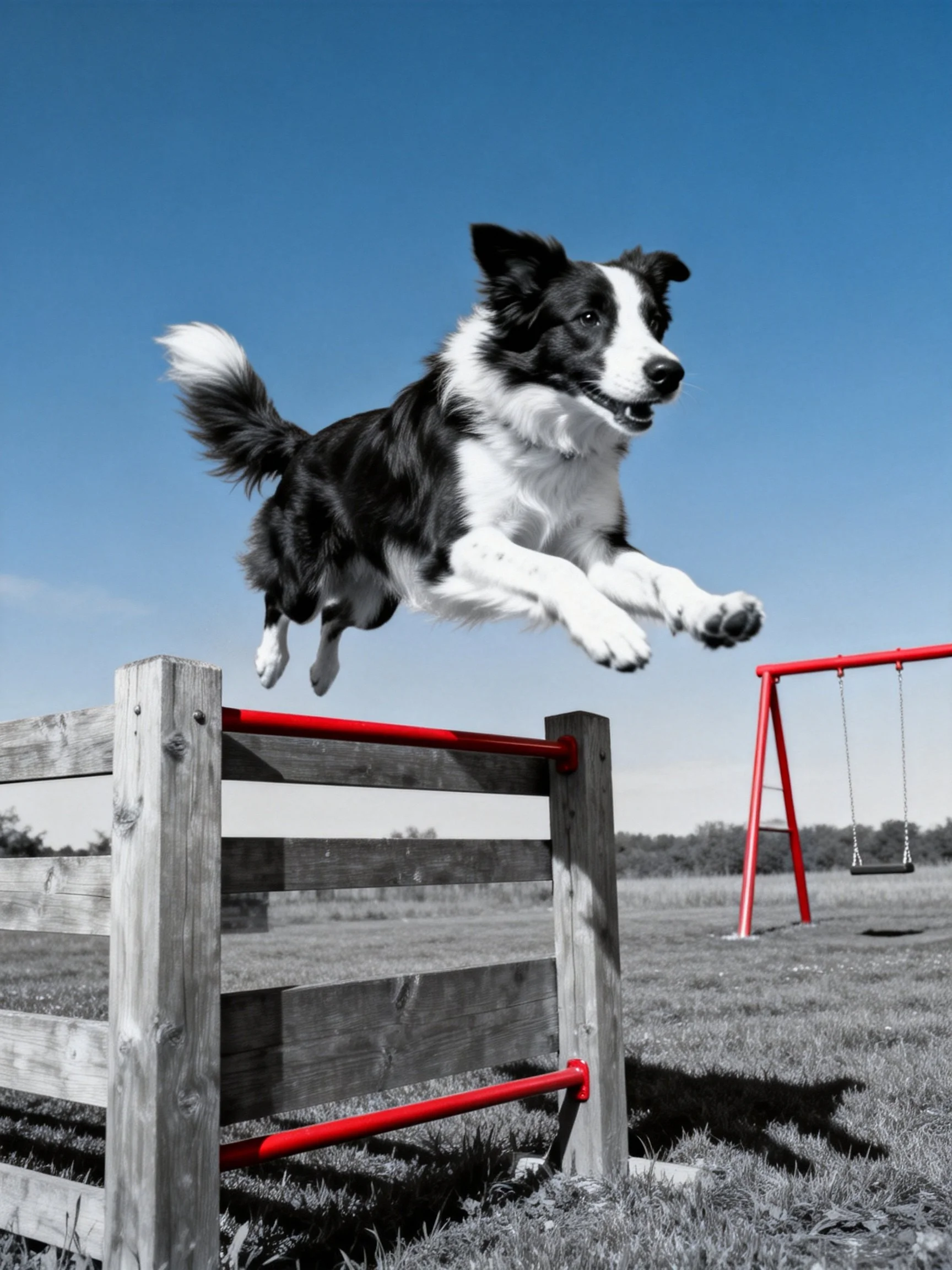 A black and white dog performs an agility jump over wooden hurdles