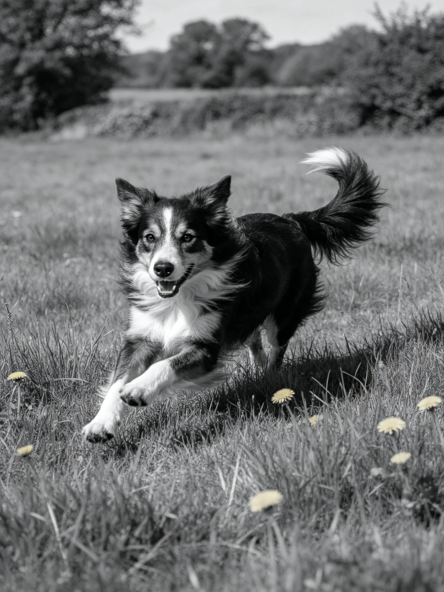 A black and white dog leaping through a grassy field with scattered dandelions