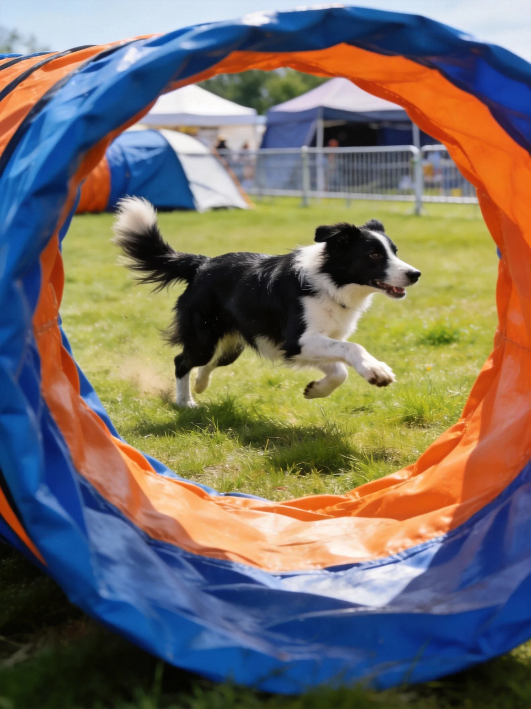 A black and white dog jumps through an orange and blue agility tunnel in a grassy area.
