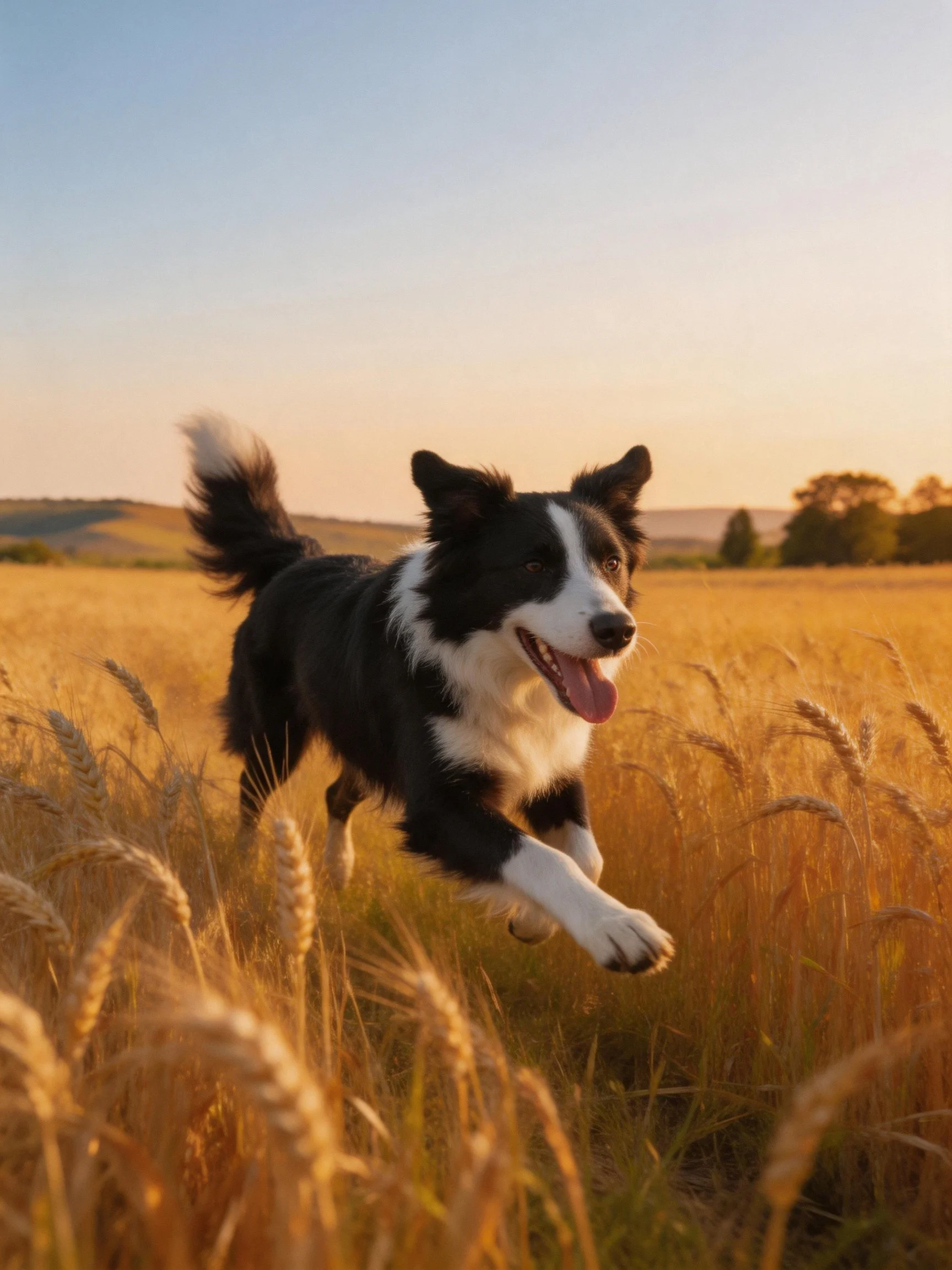 A black and white dog leaping through golden wheat fields at sunset