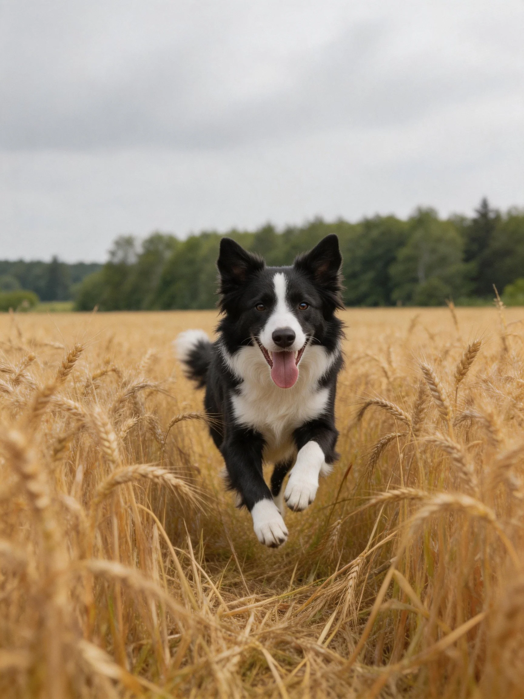 Black-and-white dog joyfully runs through golden wheat fields.