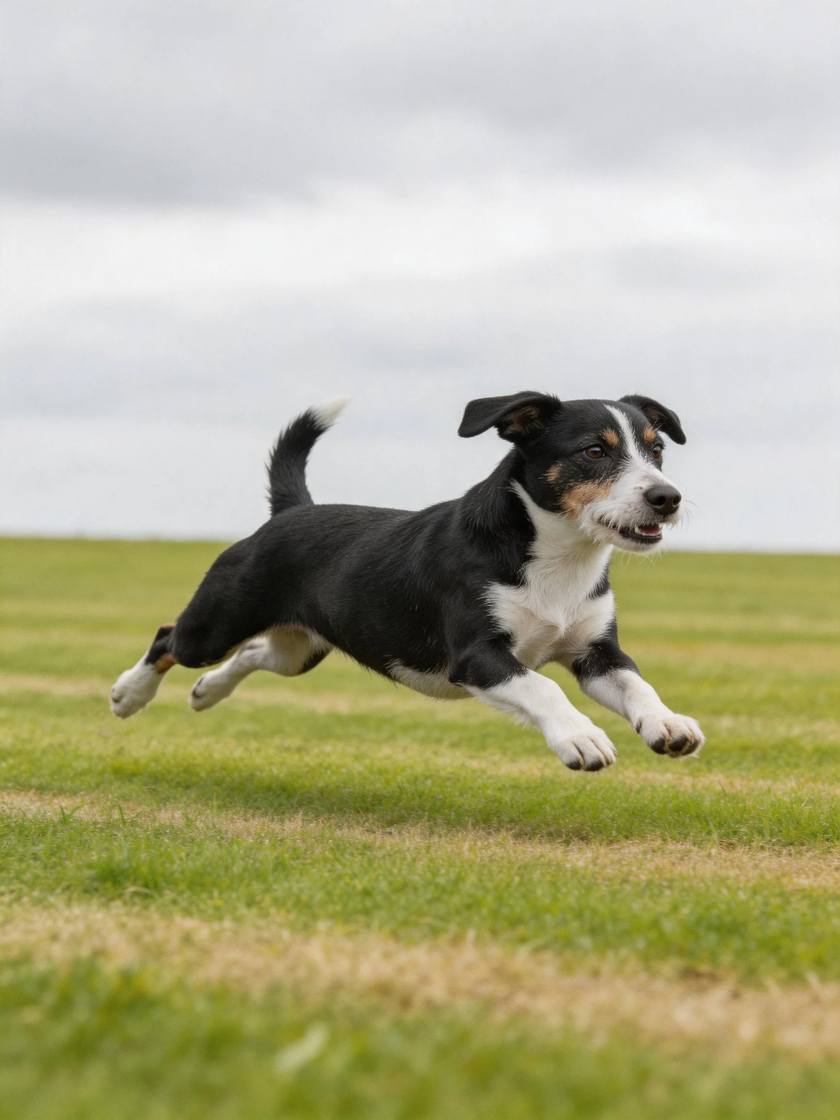 A black and white dog leaps across a green field