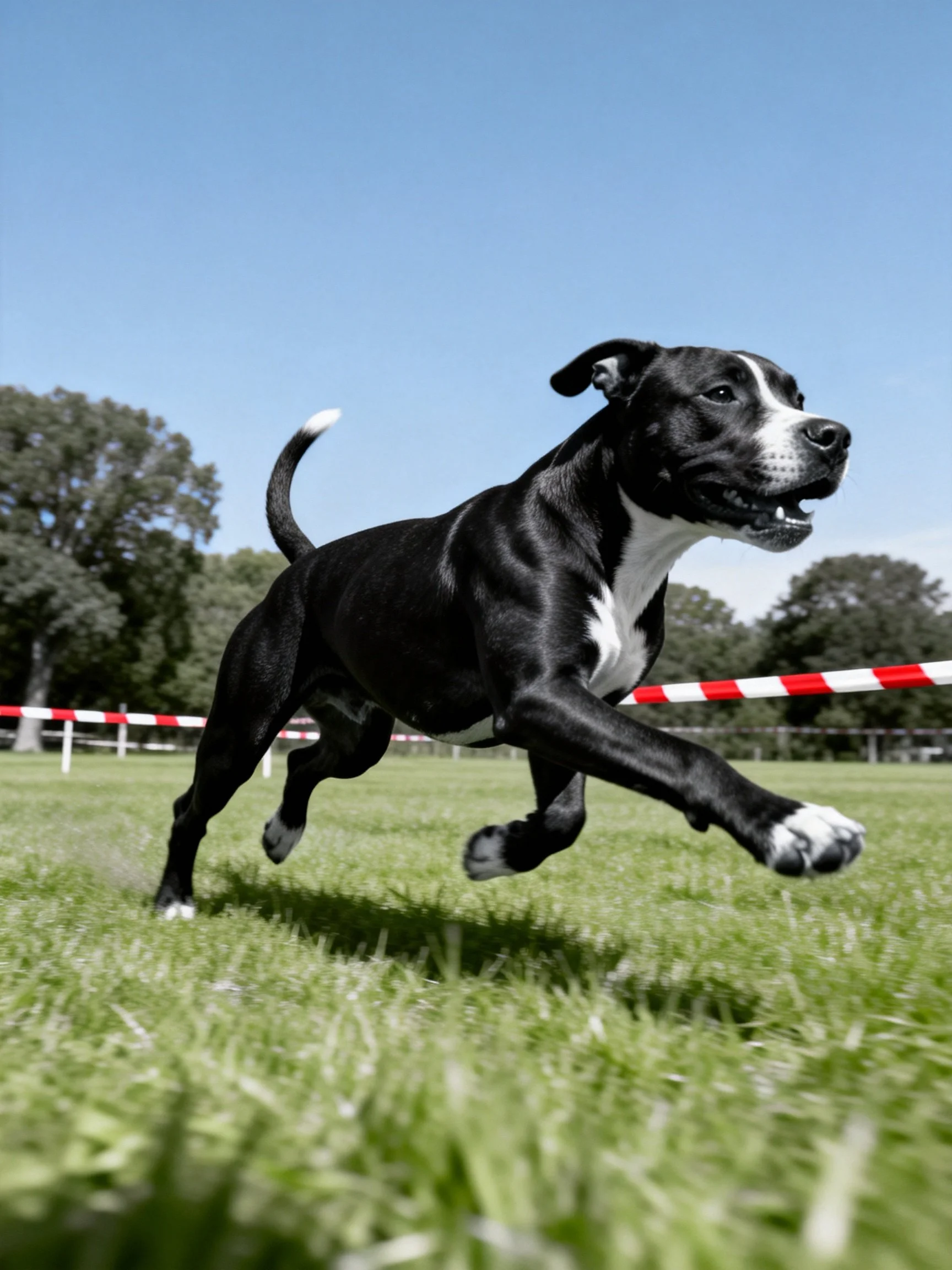 A black and white dog runs energetically on grass near red and white barriers.