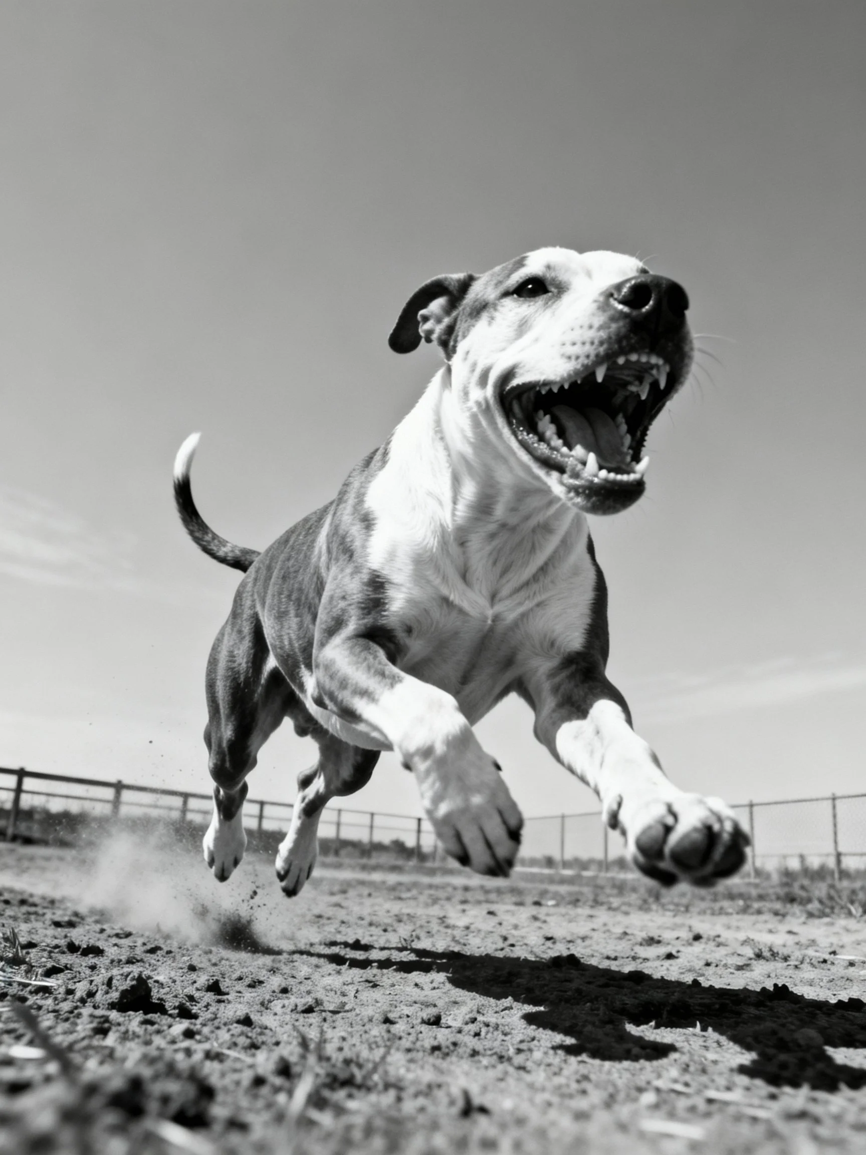 A black and white dog leaps dynamically outdoors