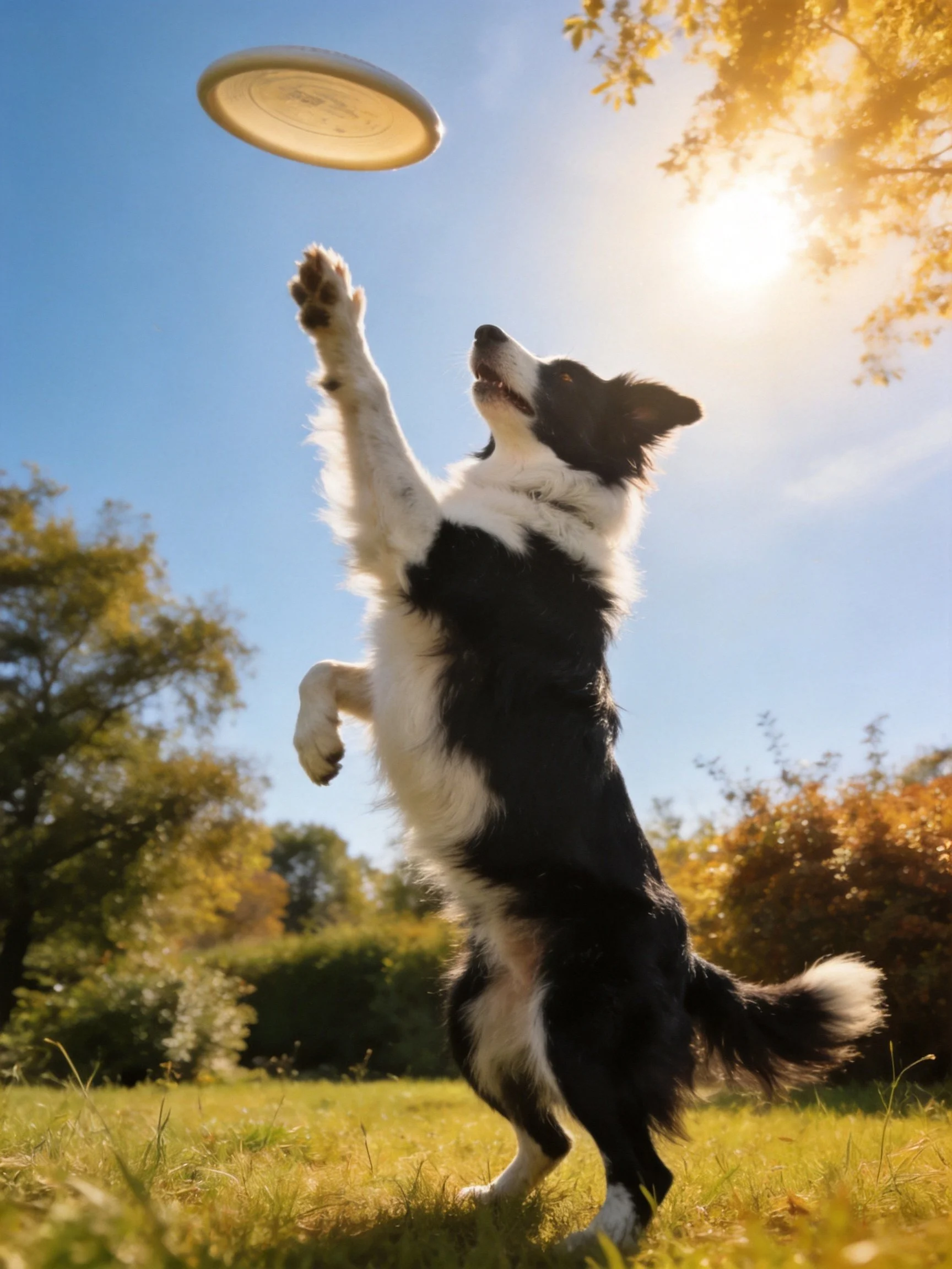 A black and white dog jumps to catch a frisbee outdoors.