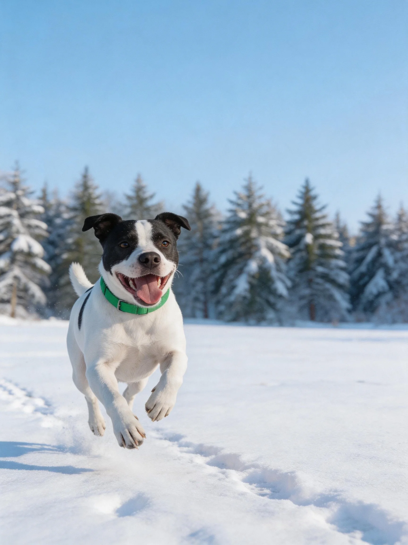 A black-and-white dog leaps joyfully in a snowy landscape with evergreen trees