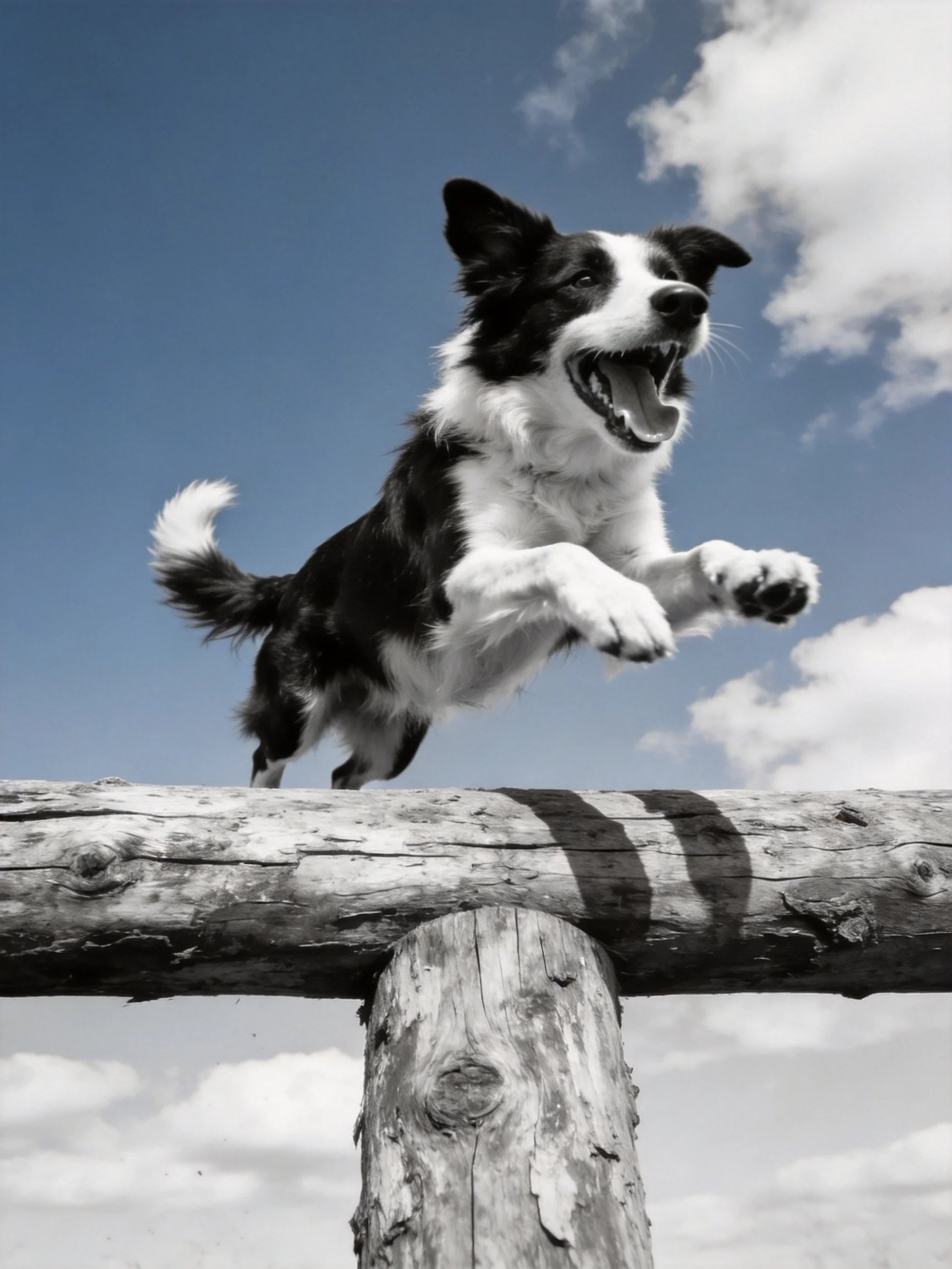 A black and white dog jumps over a wooden obstacle in an outdoor setting