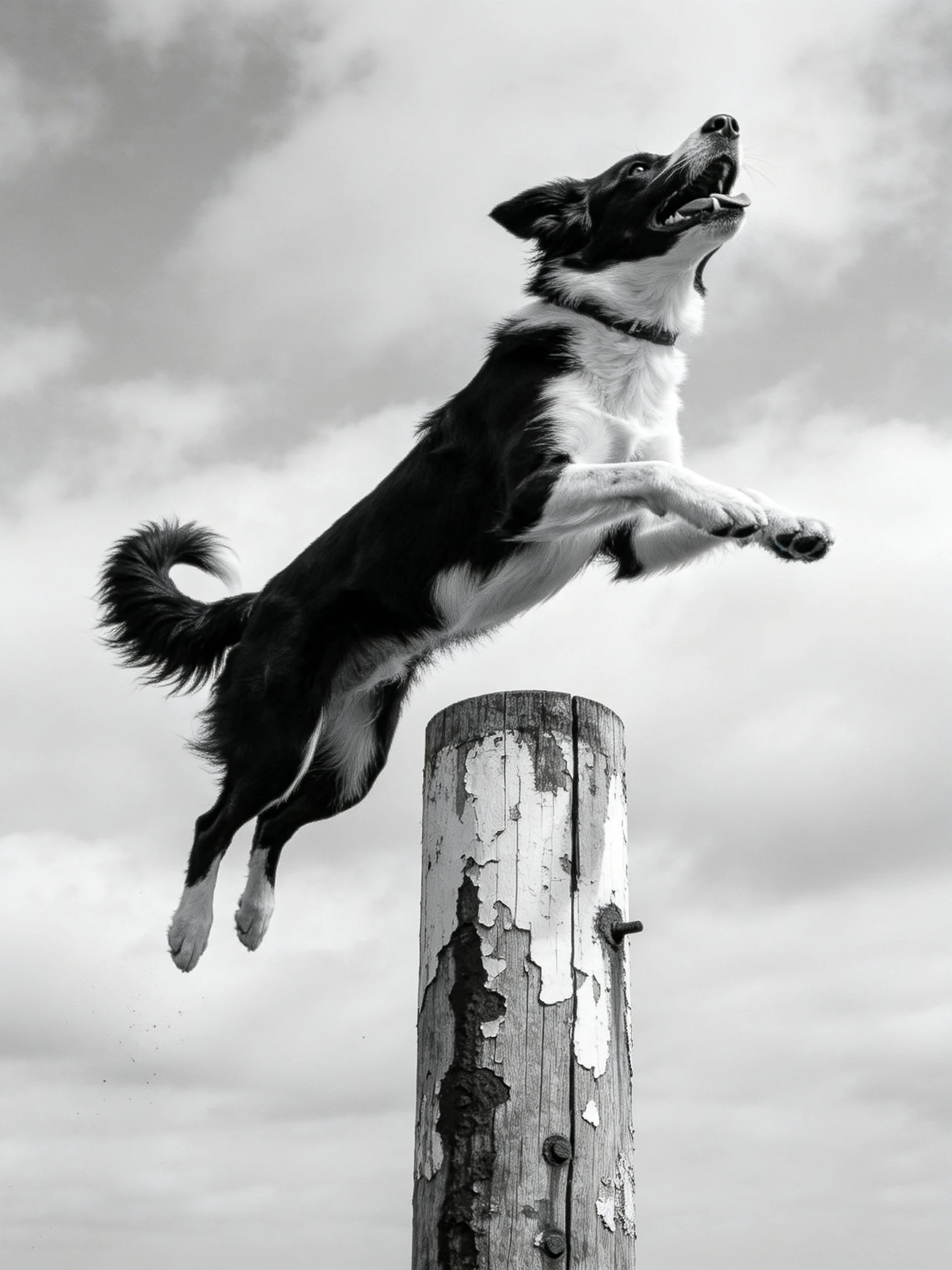 A black and white dog jumps over a weathered wooden post.