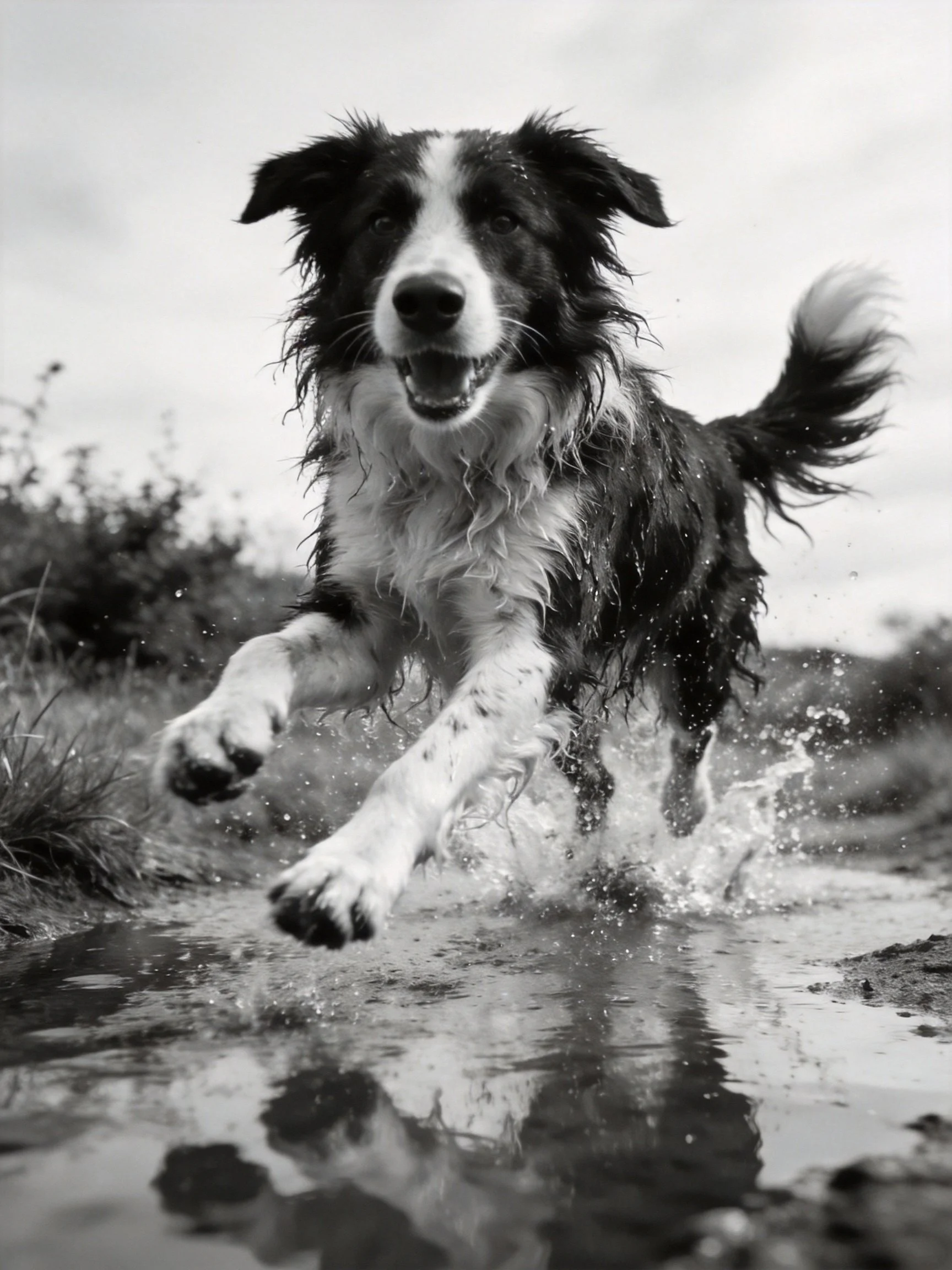 A black and white dog leaps through a muddy puddle