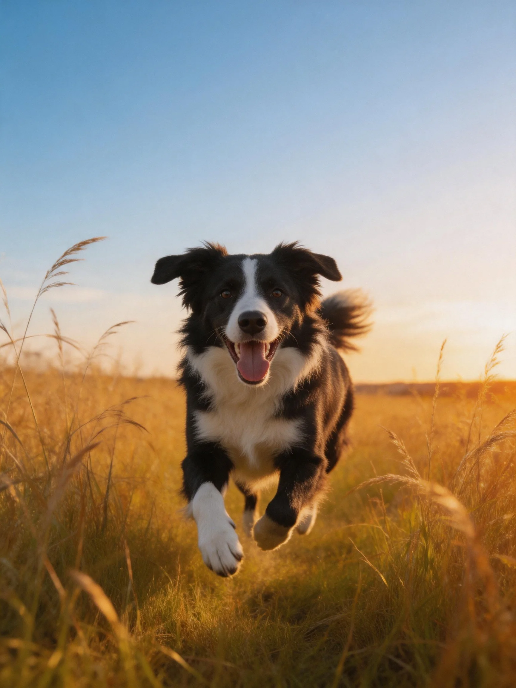 A black and white dog runs joyfully through golden grass in an open field.