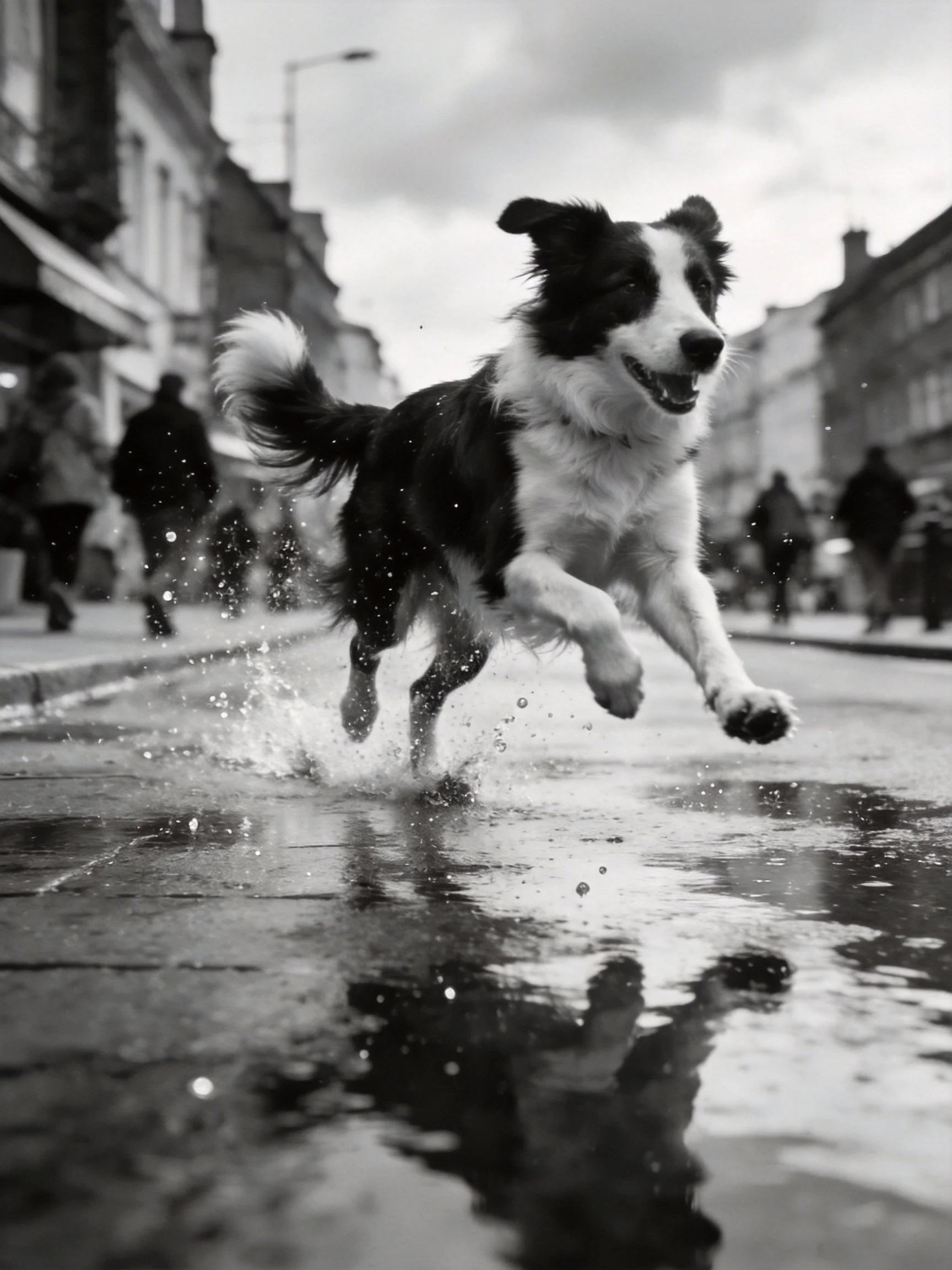 A black and white dog leaps through puddles on a city street