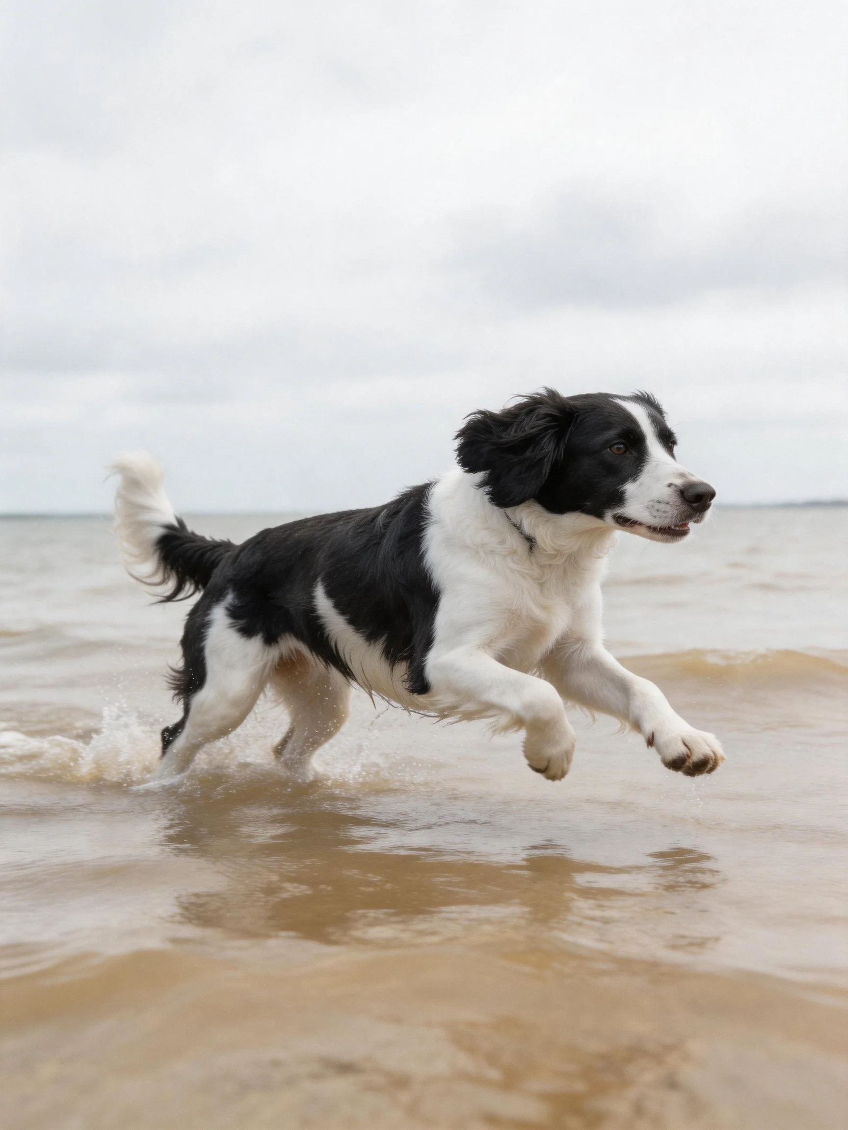 A black and white dog leaps through shallow brown water under a cloudy sky
