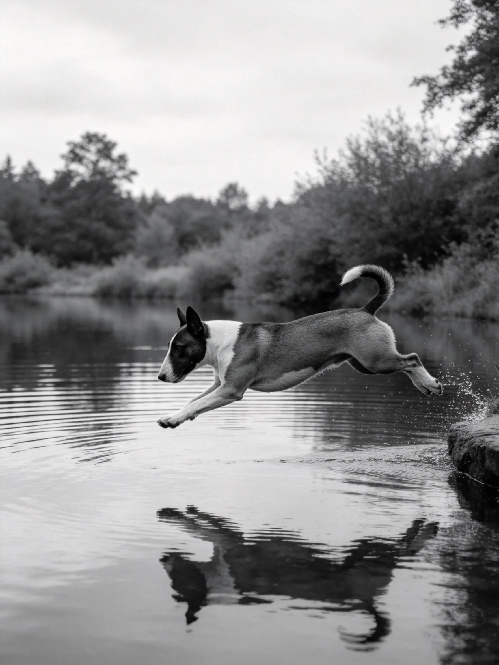 A black and white dog leaps toward a calm lake from a rocky shore