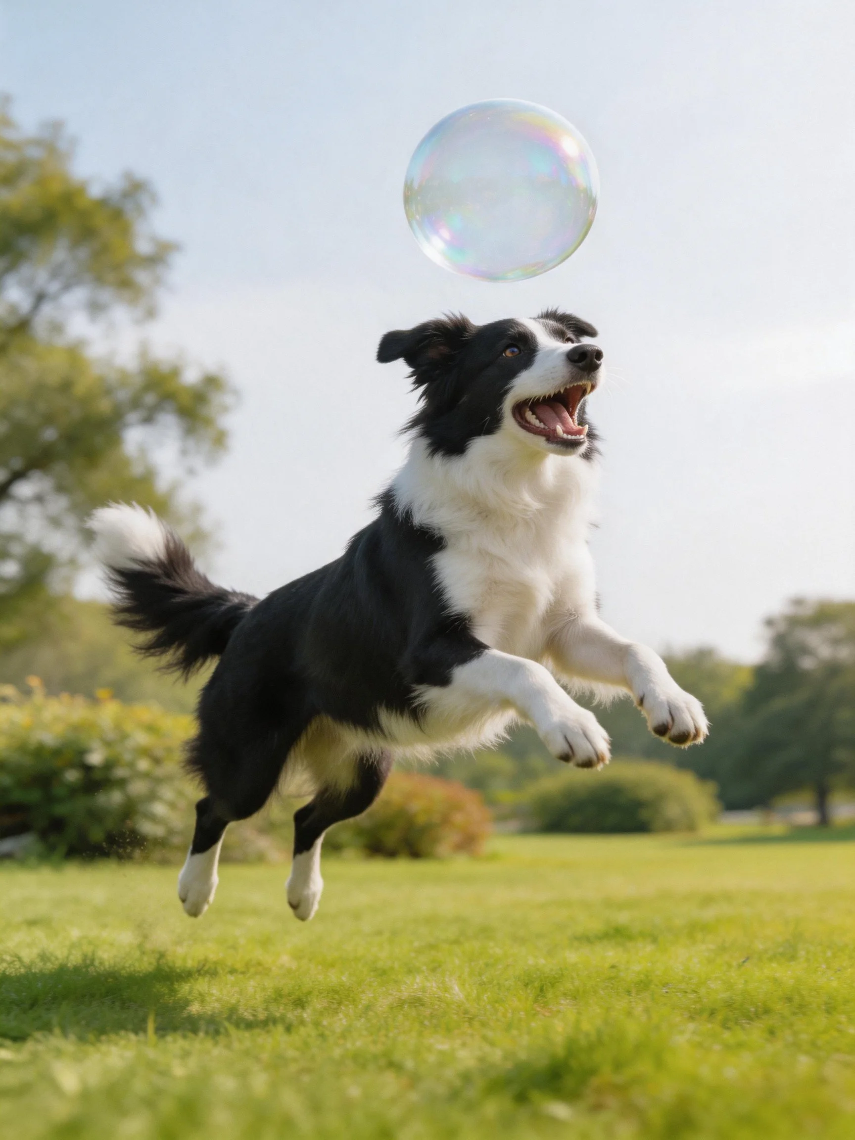 A black and white dog leaps toward a giant bubble in a sunny field