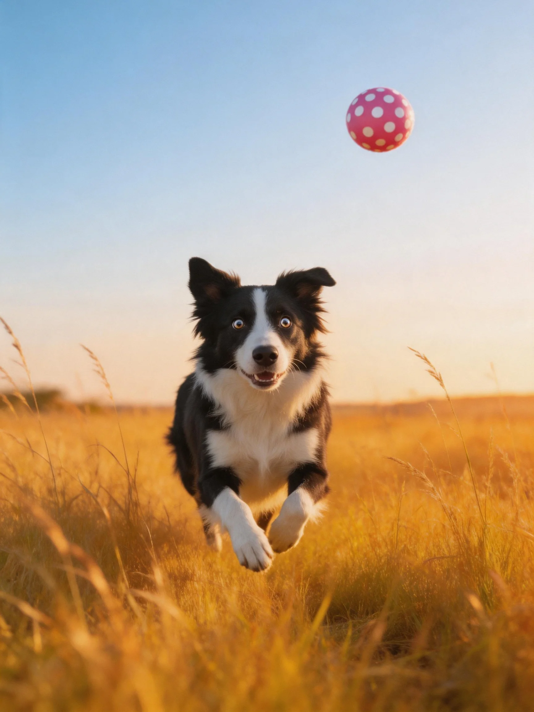 A black and white dog leaps toward a pink polka dot ball in a golden field