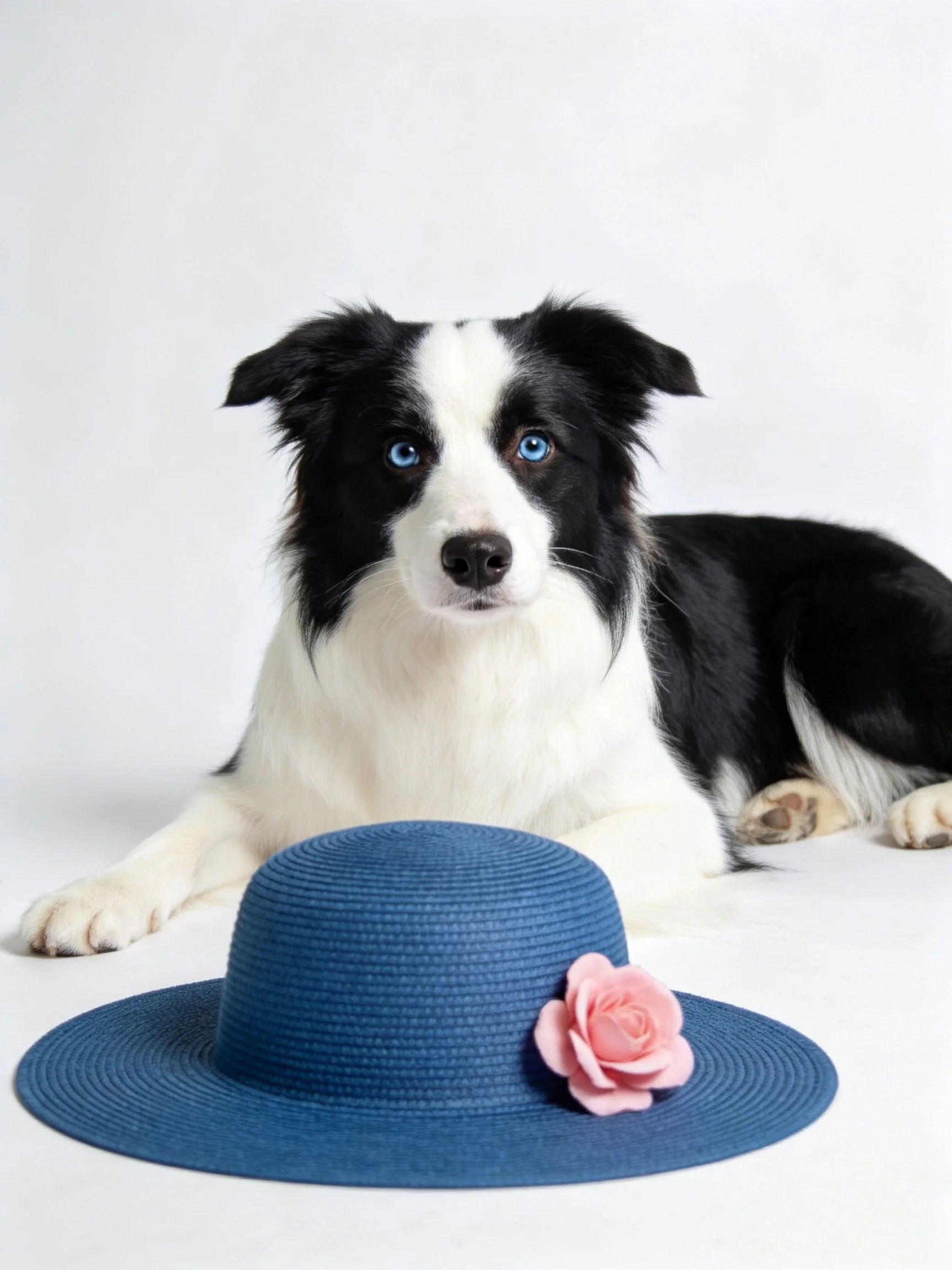 A black and white dog is positioned next to a blue hat with a pink rose.