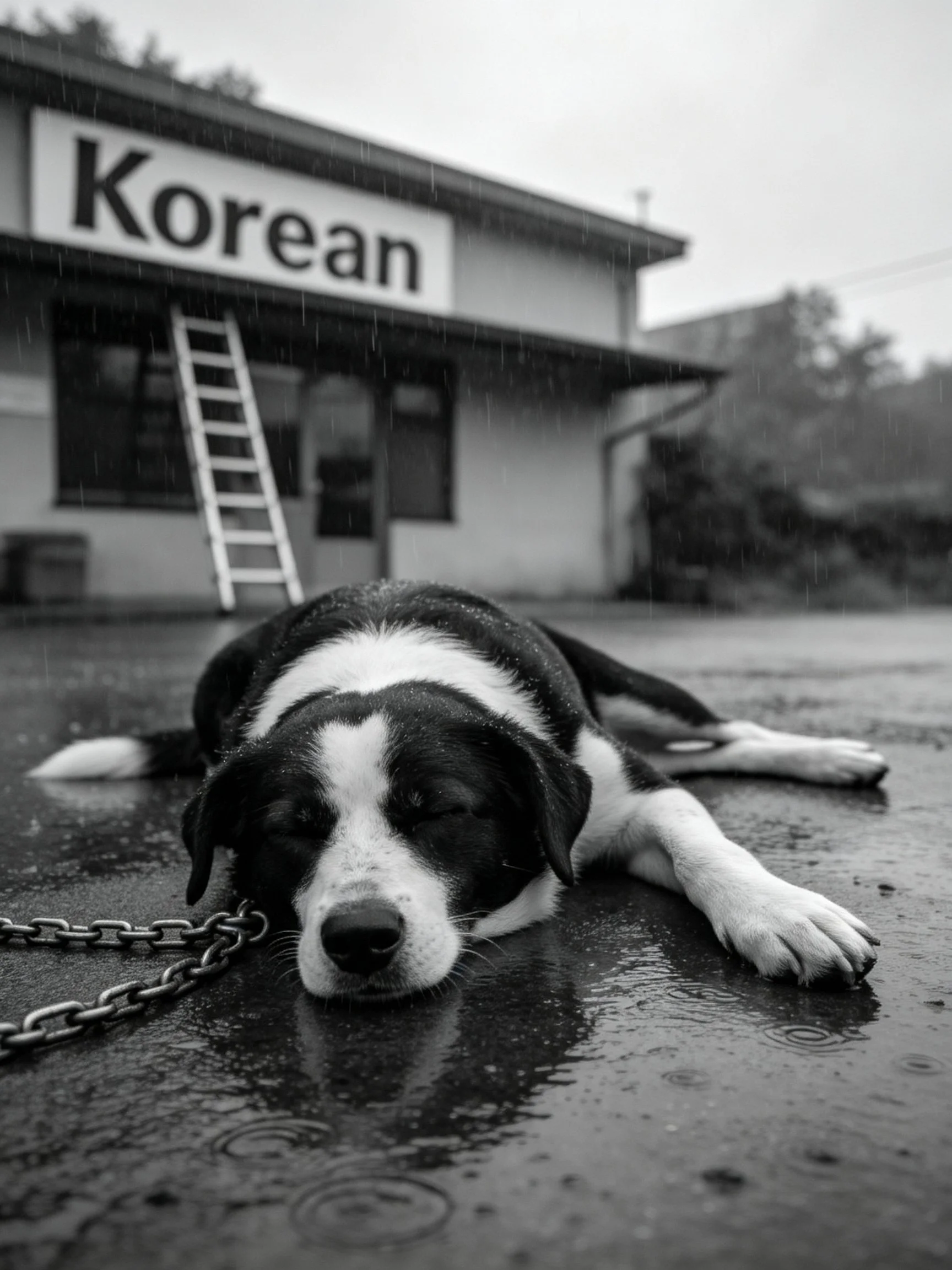 A black and white dog rests chained outside a Korean business during rainfall.