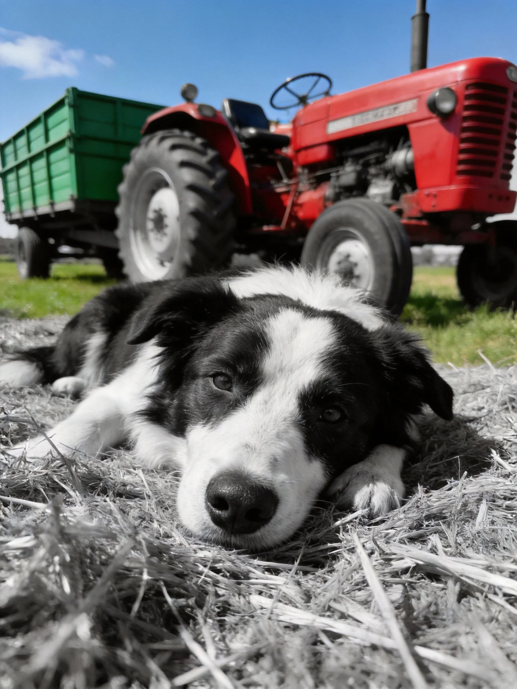 A black and white dog lies near a red tractor with a green trailer