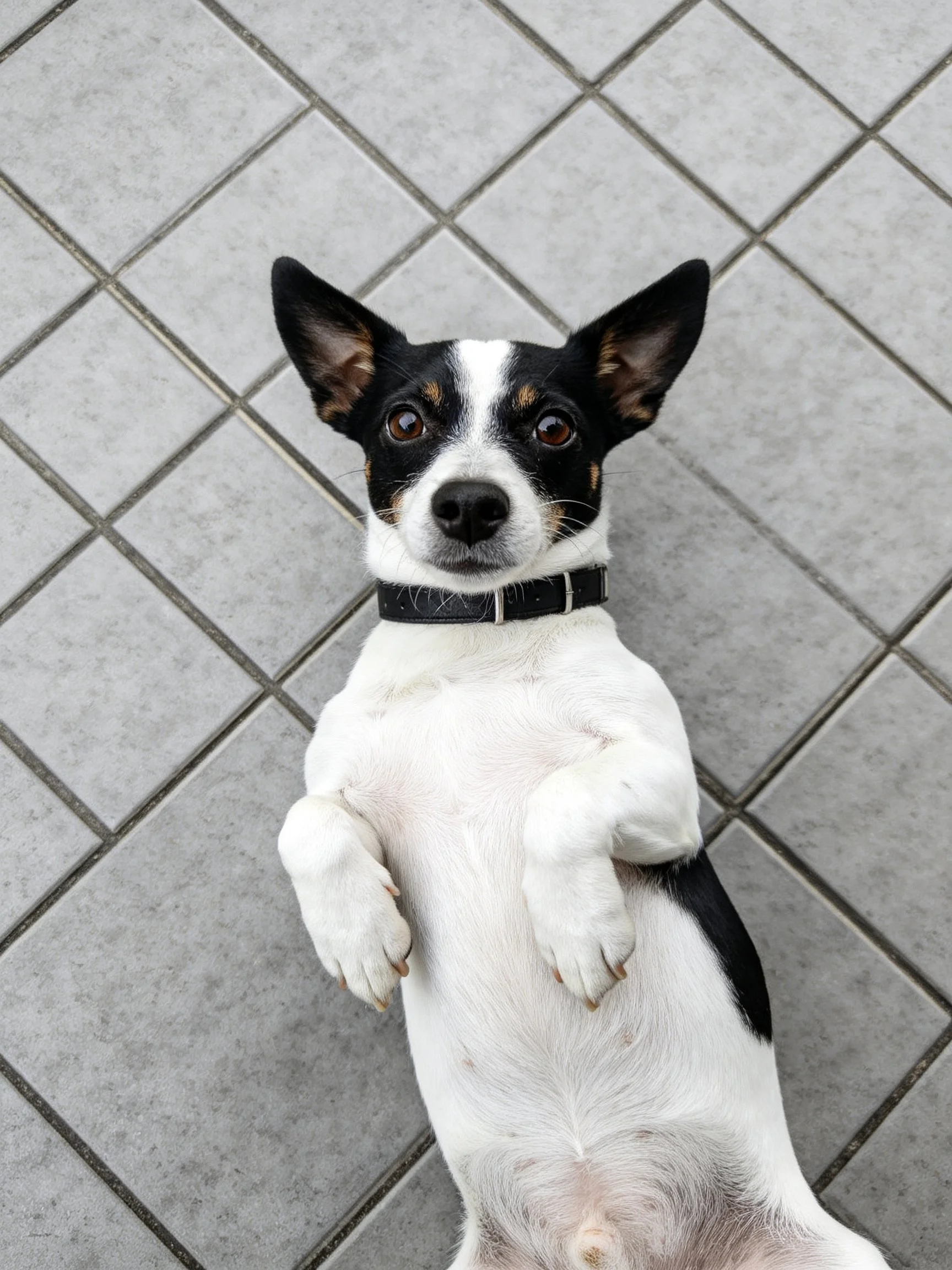 A small dog with black and white fur rests upside down on tiled ground.