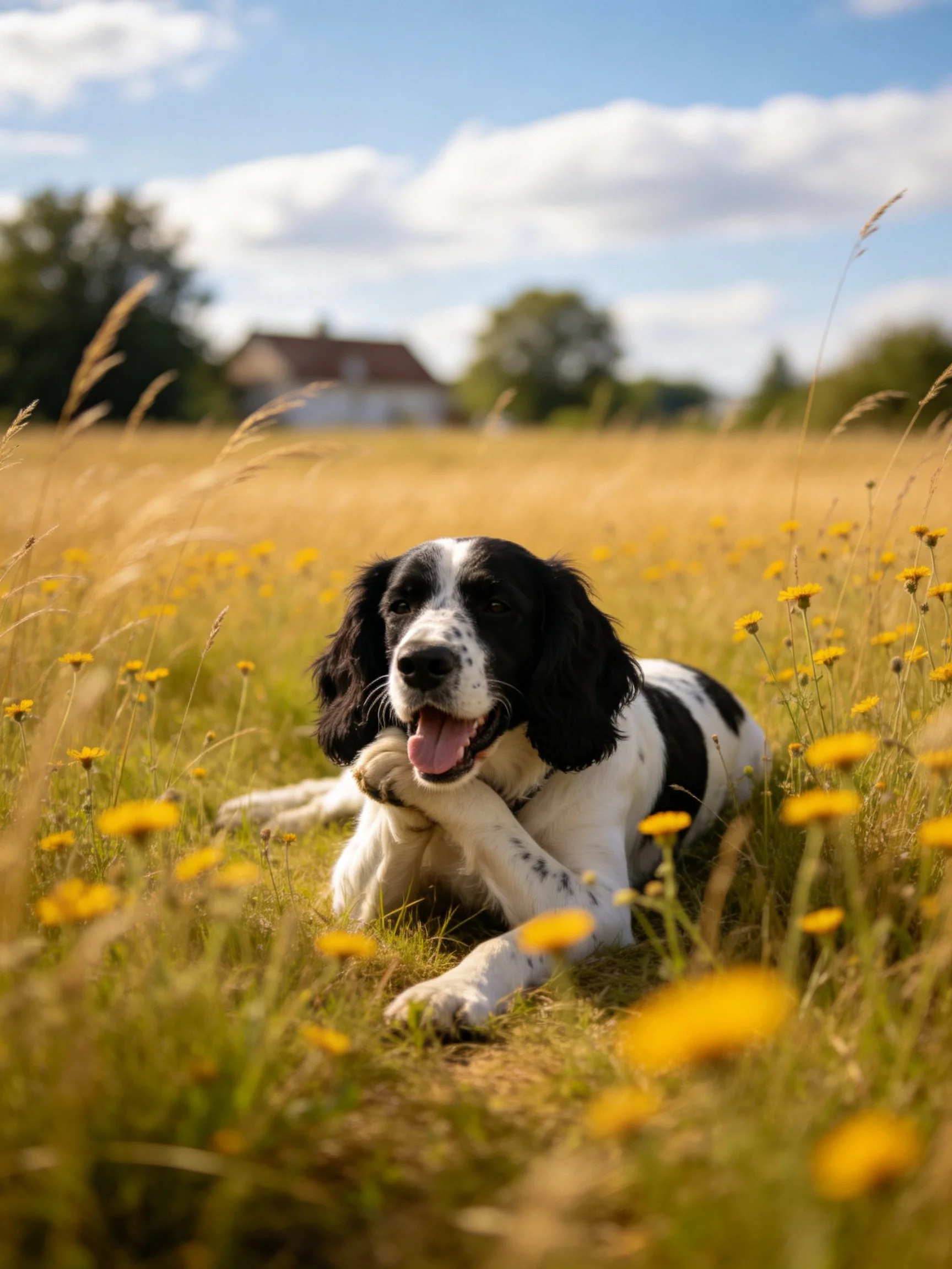 A black and white dog relaxes in a sunlit meadow filled with yellow flowers
