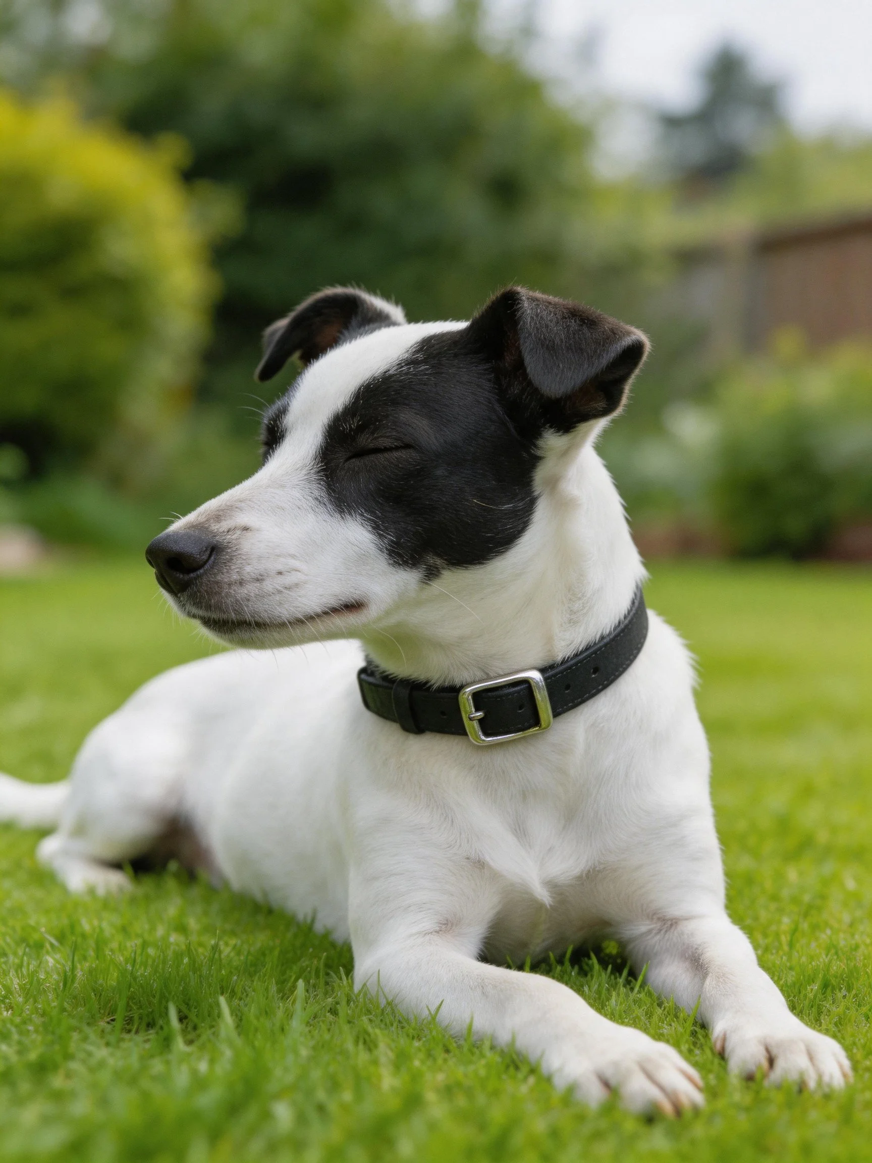 A black and white dog relaxes on green grass in a sunny garden