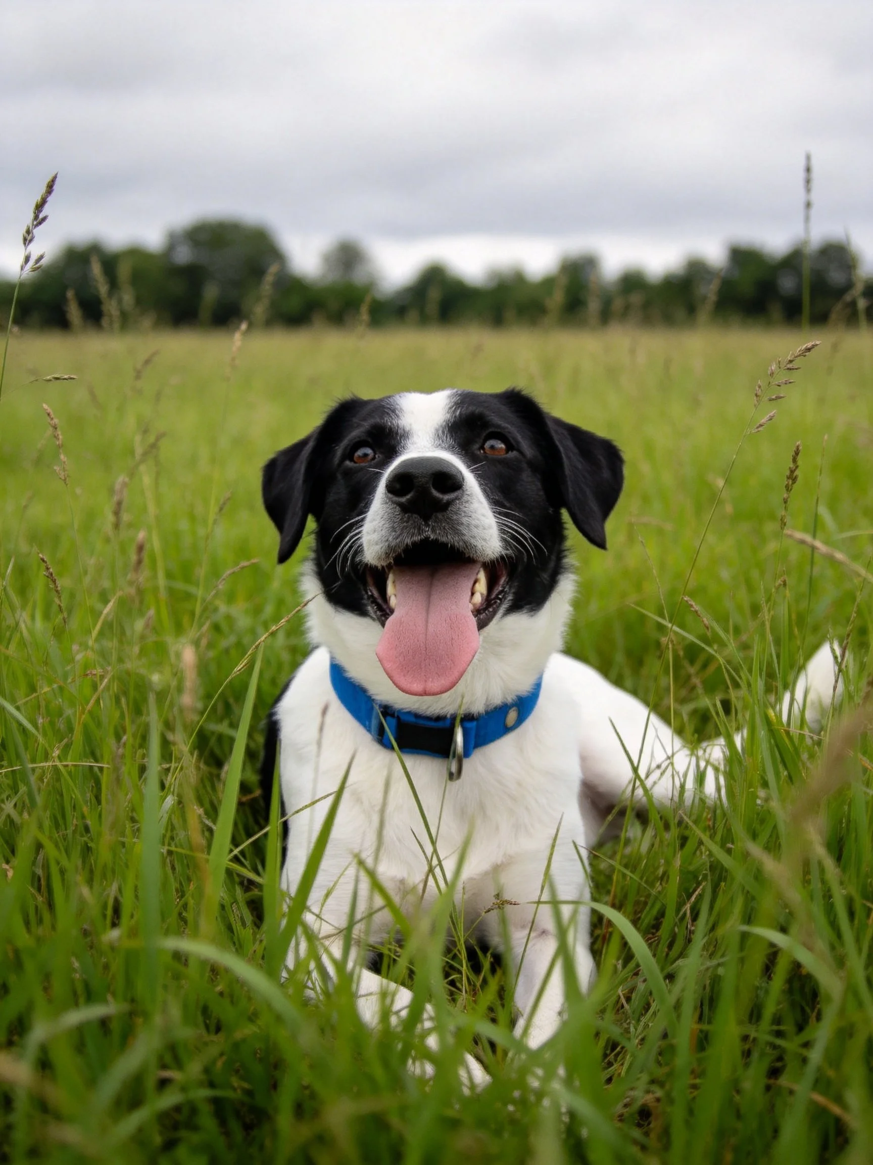 A black - and - white dog lying in tall green grass