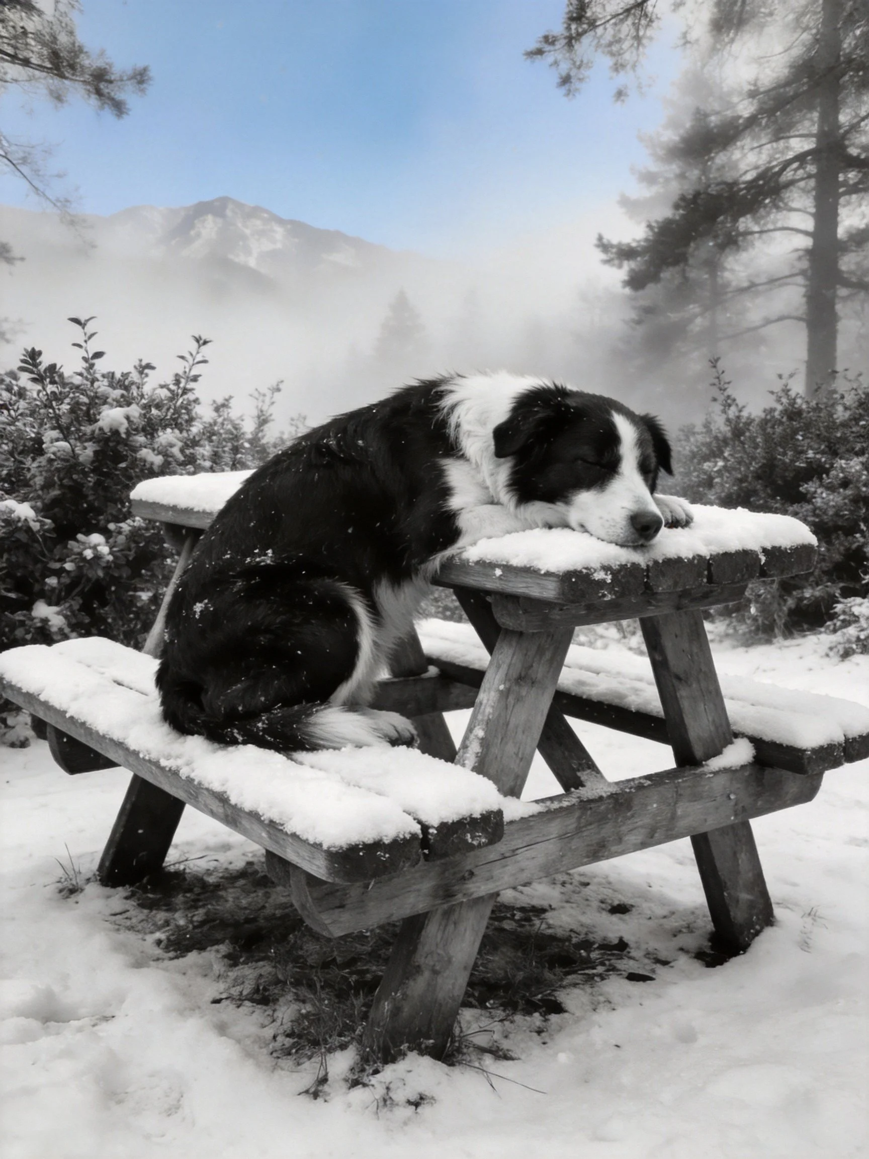 A black and white dog rests on a snow-covered picnic table in a foggy winter landscape