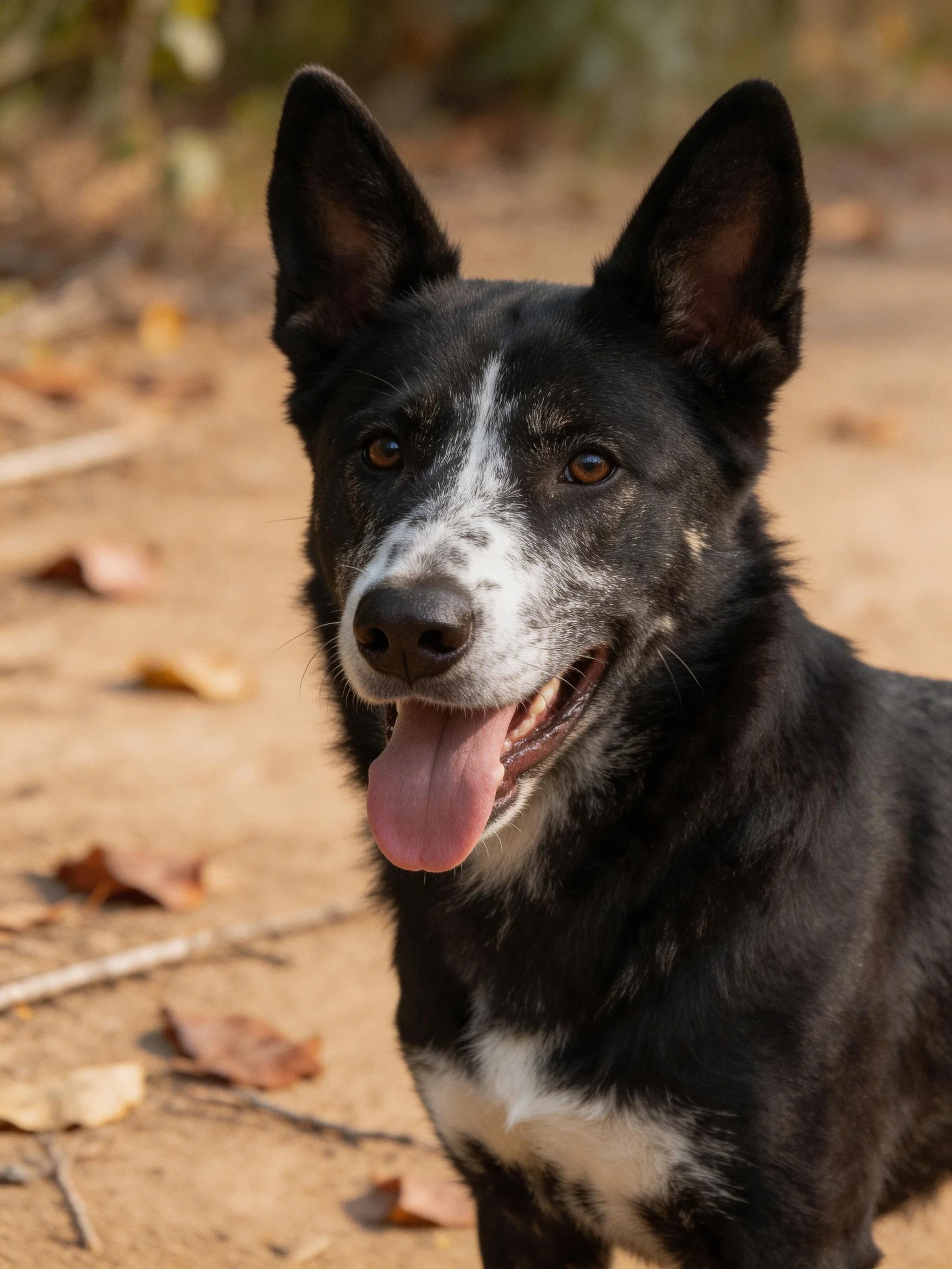 A black and white dog stands happily on a leaf-covered dirt path.