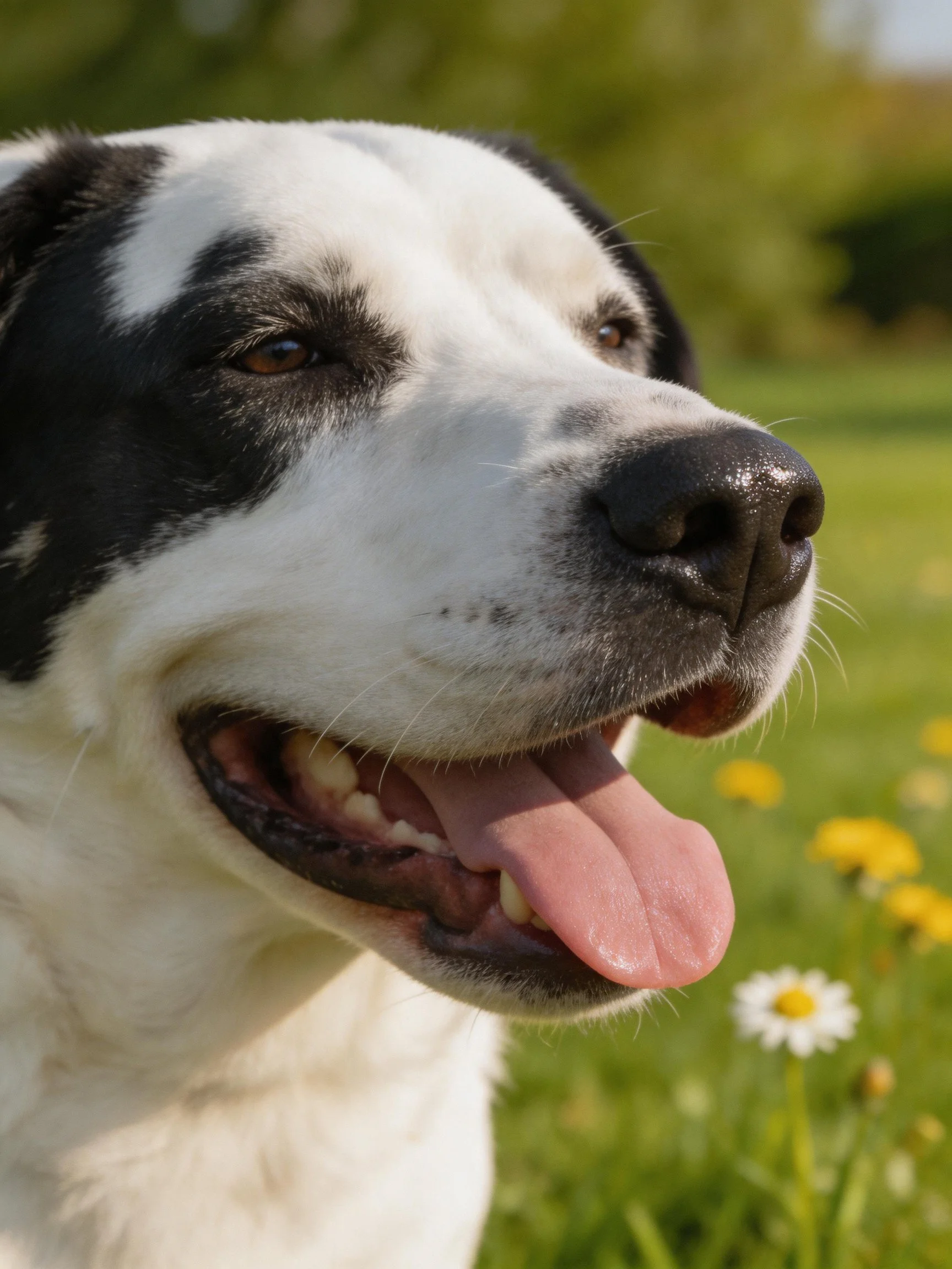 A black-and-white dog panting in a sunny meadow with wildflowers