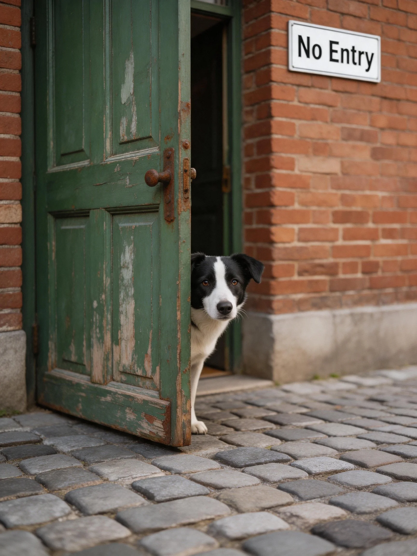 A dog peeks from an old door near a No Entry sign on a brick building.