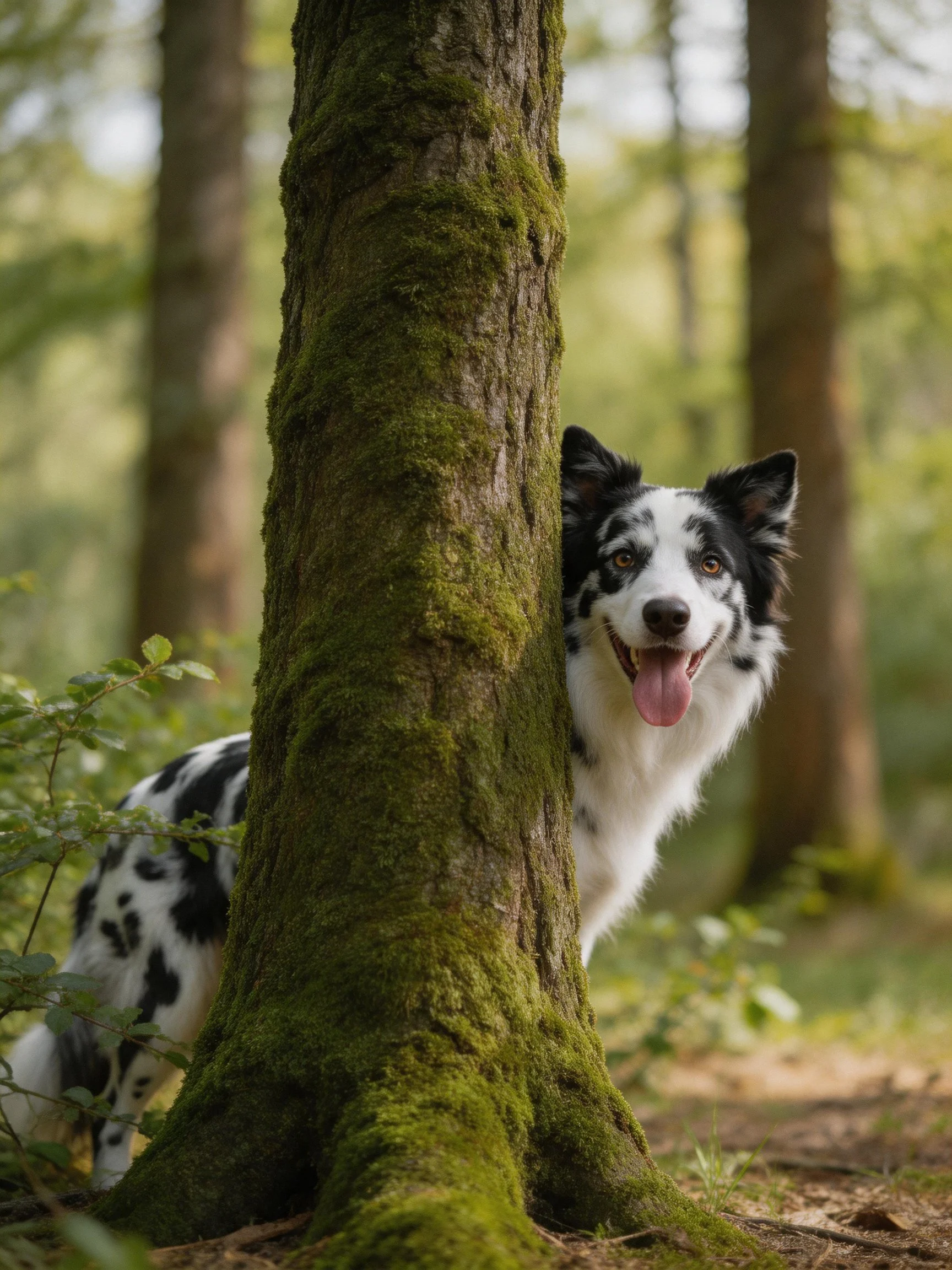 A black and white dog peeks from behind a moss-covered tree trunk in a forest