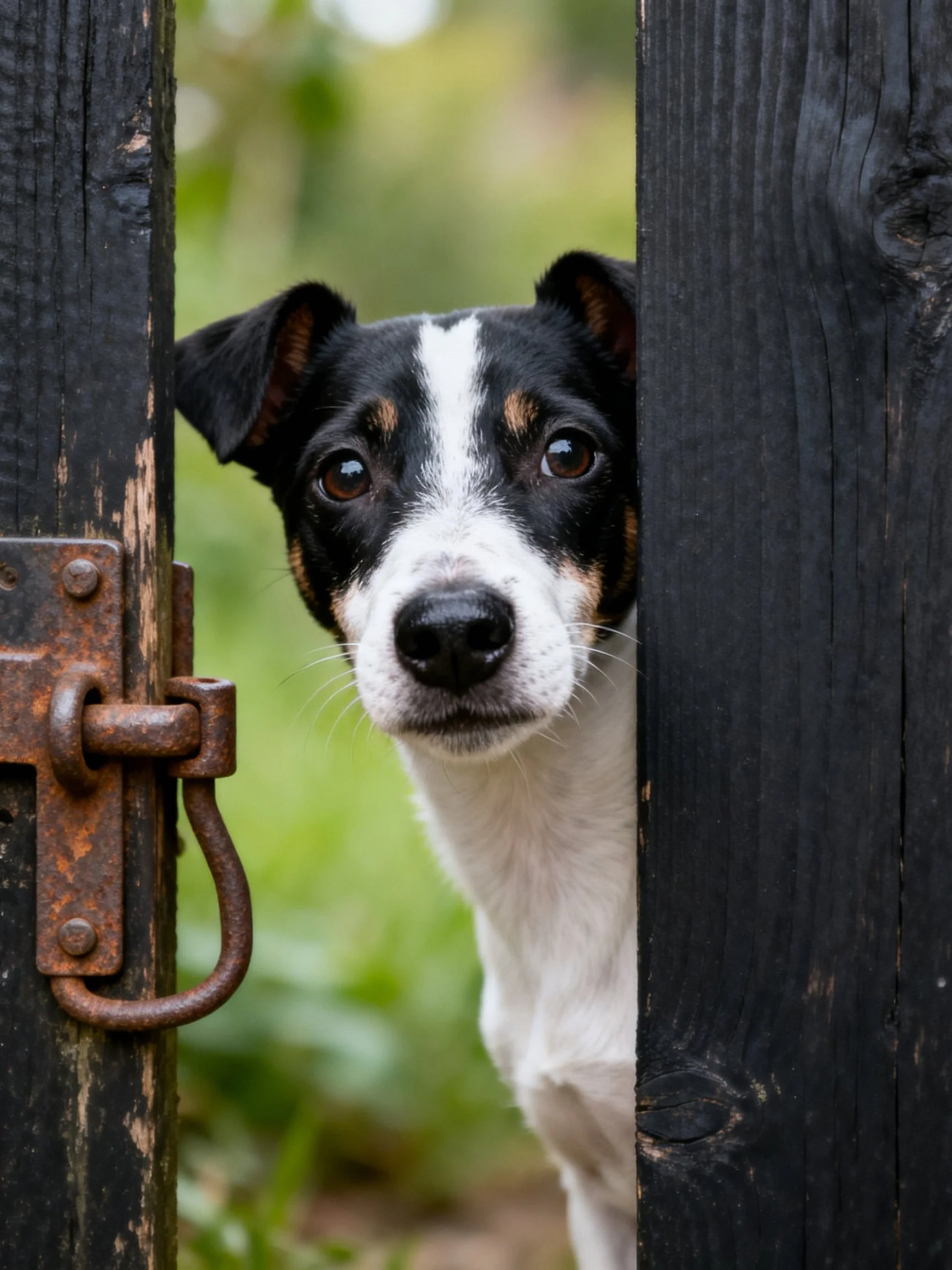 A black and white dog peeks through an aged wooden gate