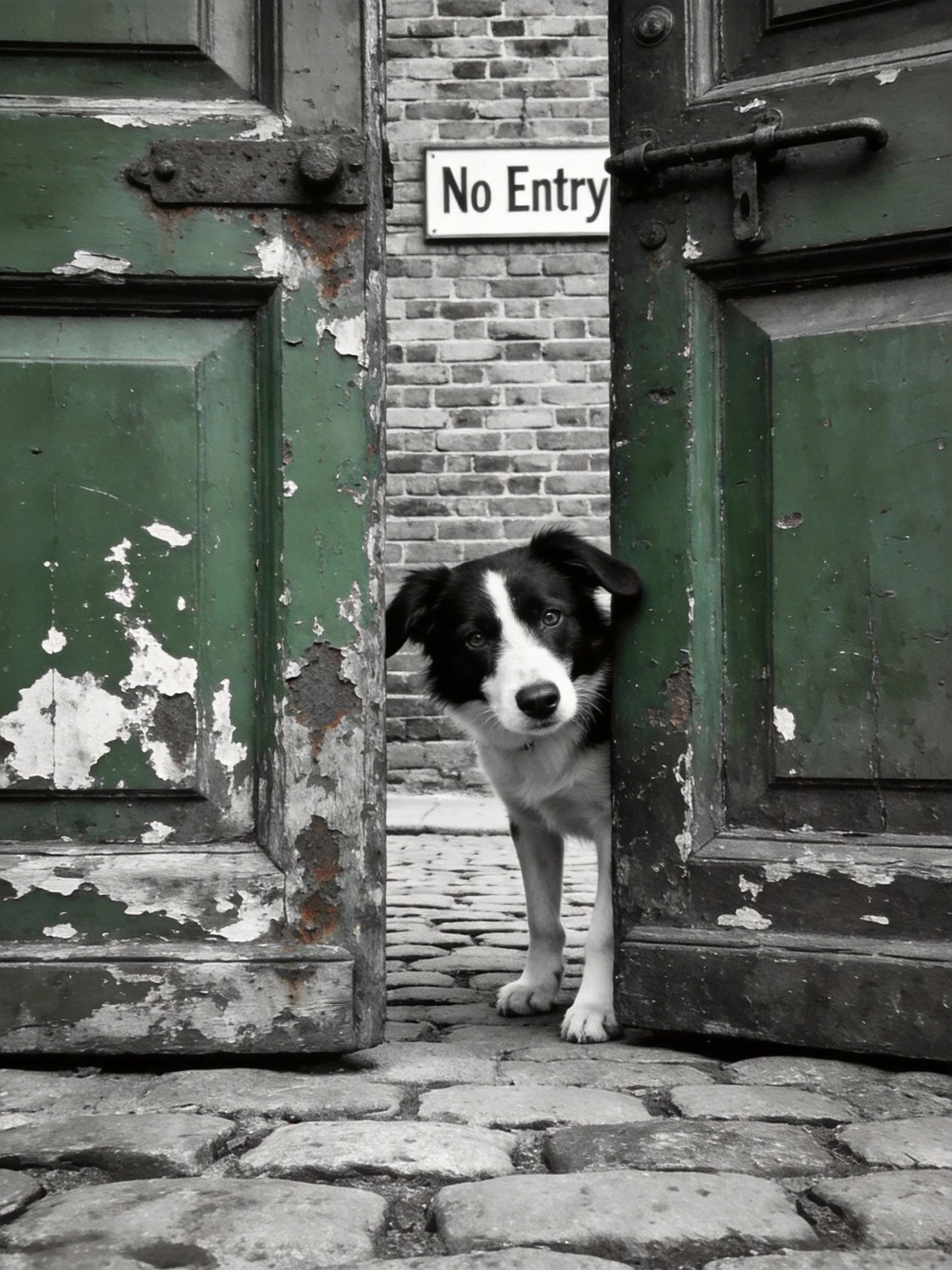 A black and white dog peers from weathered green doors near a No Entry sign