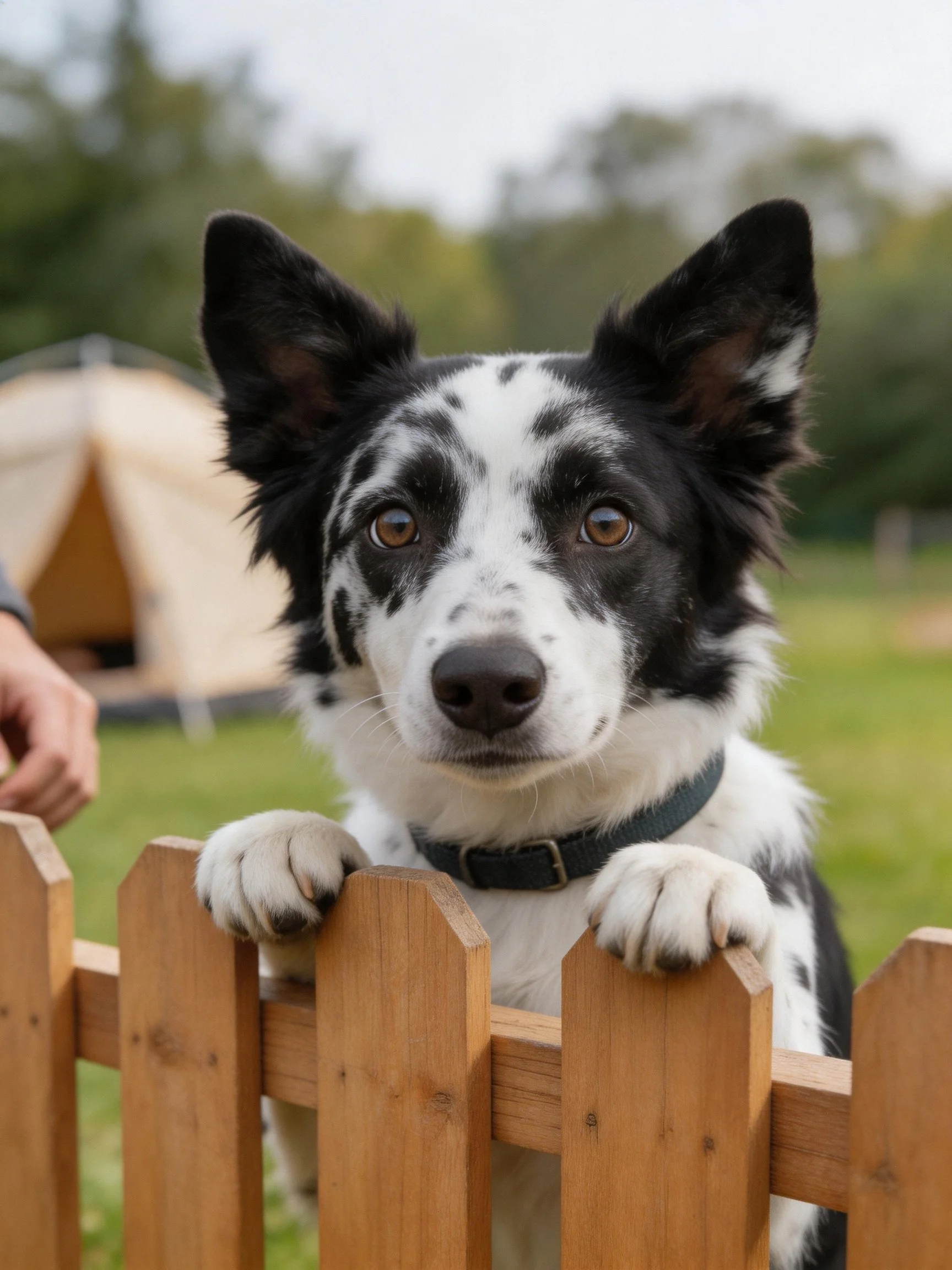 A black and white dog peers over a wooden fence near a tent