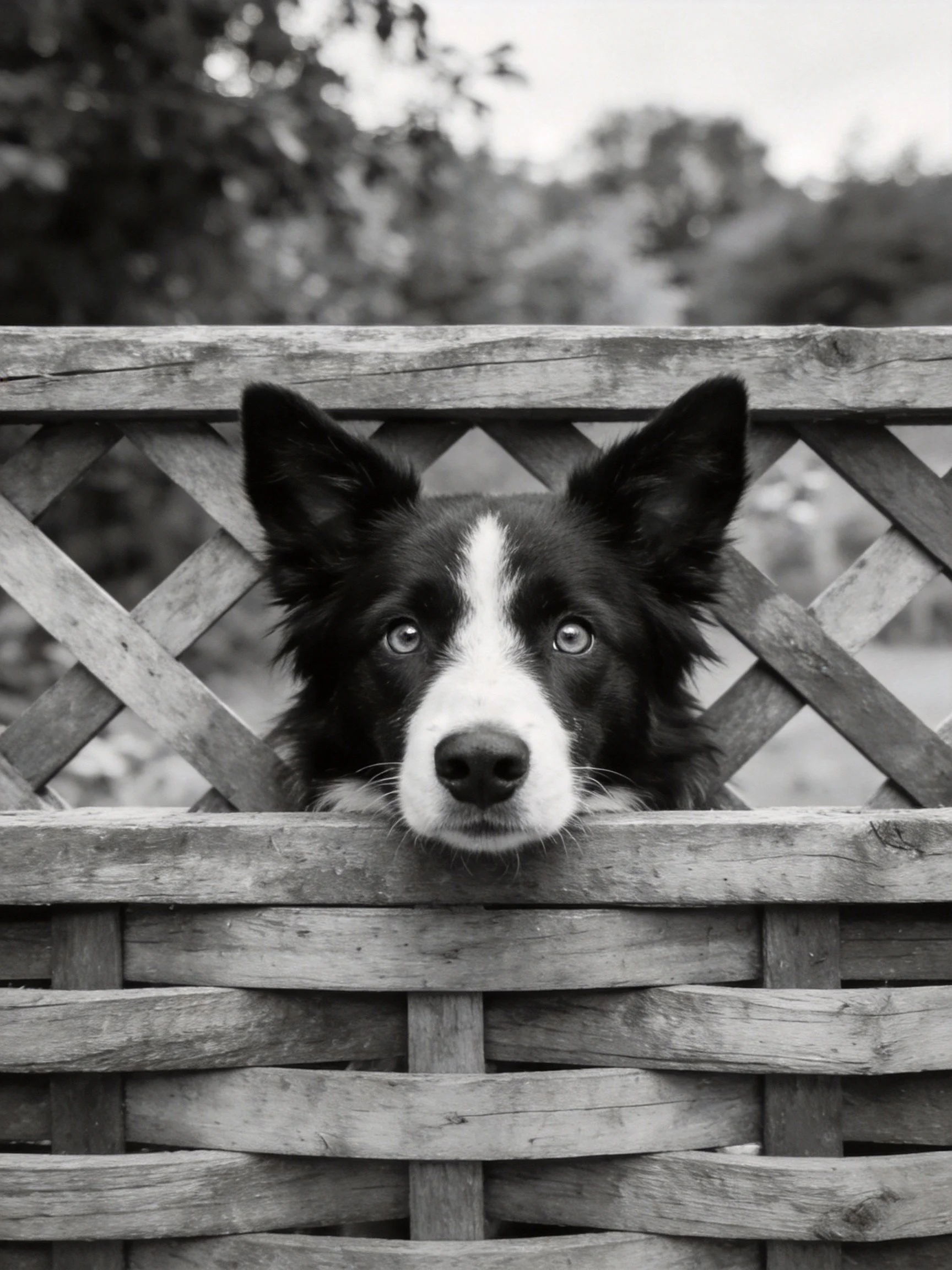 A black and white dog looks out from a wooden fence.