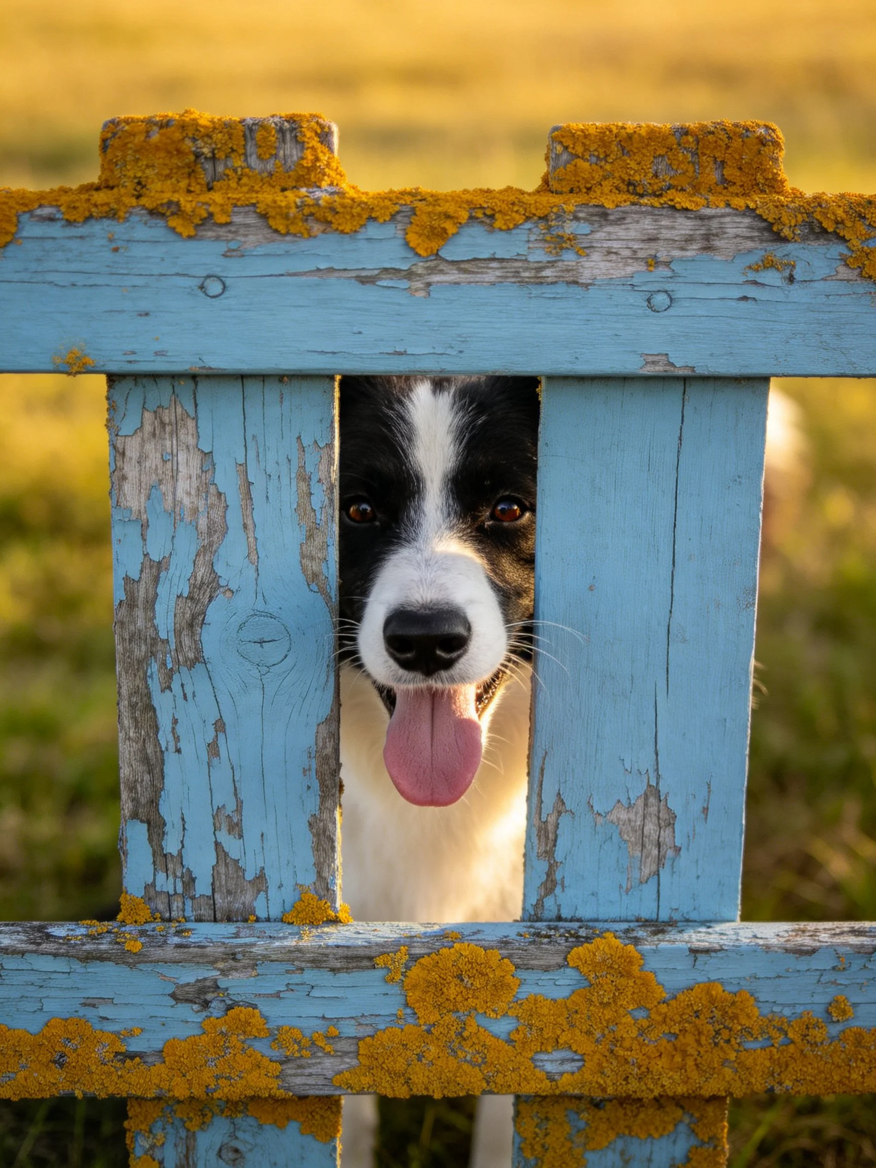 A black and white dog peers through an old blue wooden fence with yellow lichen