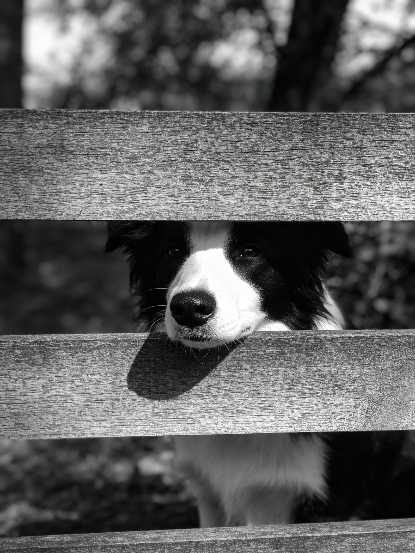 A black and white dog peers through wooden fence slats