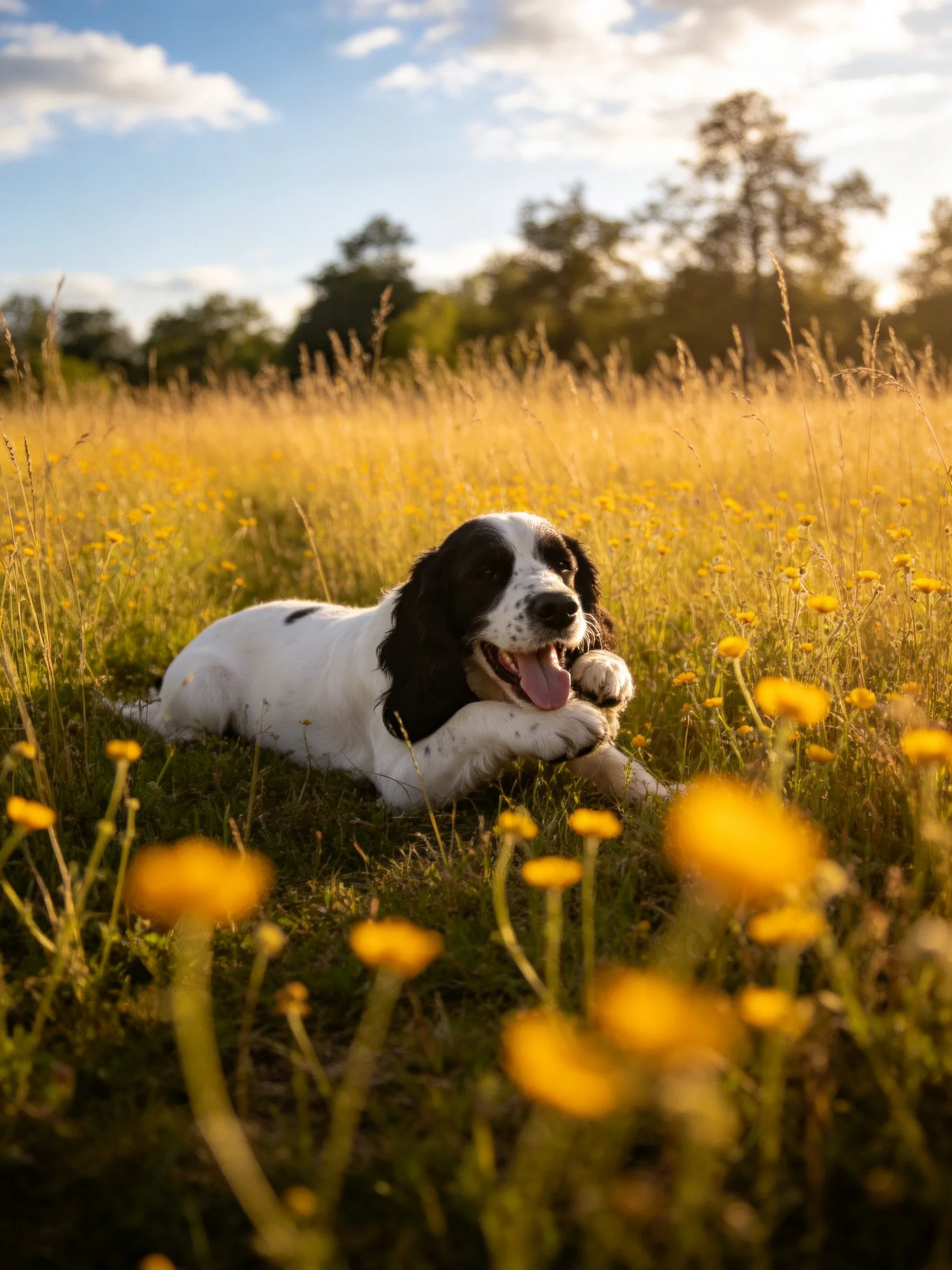 A black-and-white dog relaxes in a golden flower field