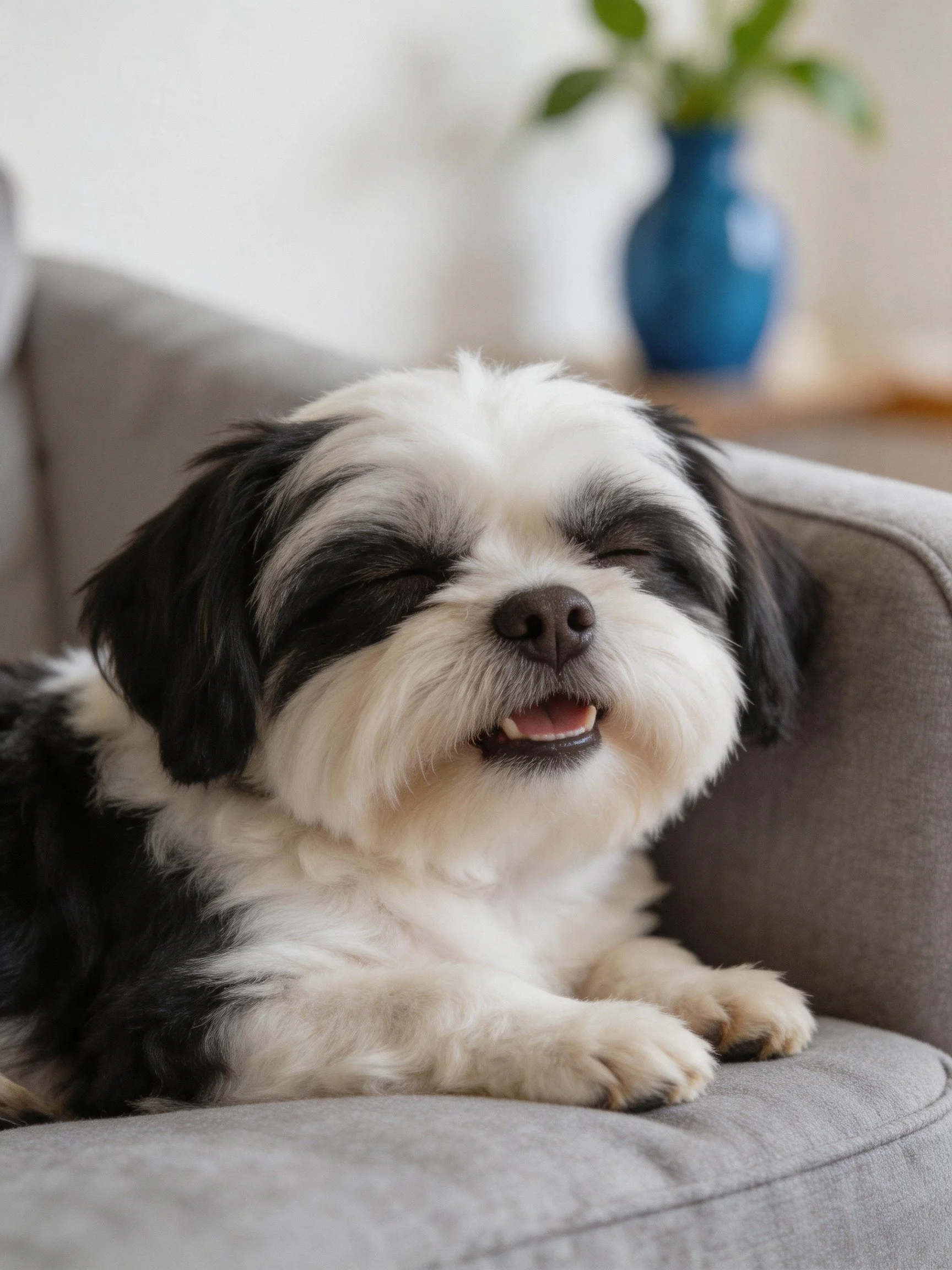 A black and white dog rests happily on a gray couch with a blue vase nearby